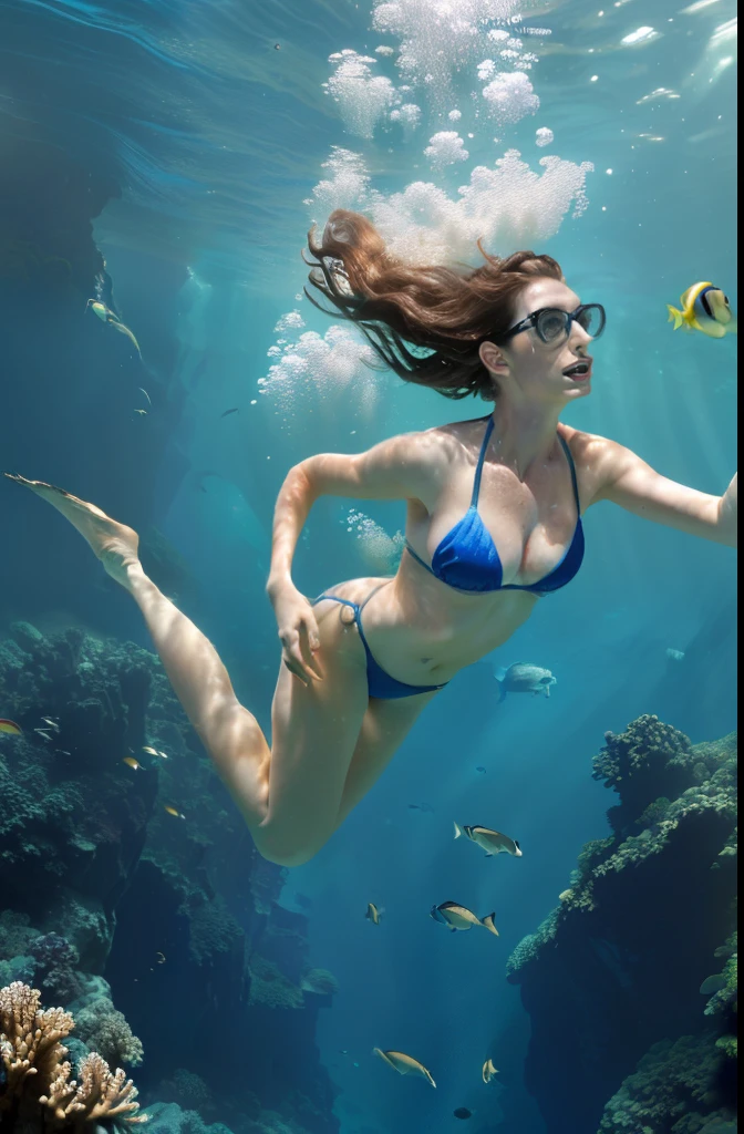 (add_detail:1.5), (Full Body of Anne Hathaway swimming at high speed above underwater canyon), (DEN_miss_morgane, 25 year old), (blue bikini), bubbles, (underwater sea life, lush, corals, lively, bio diversity), (masterpiece, highest quality), 8K UHD, (film grain:1.2),(Fujifilm XT3:1.2), extremely detailed, close up