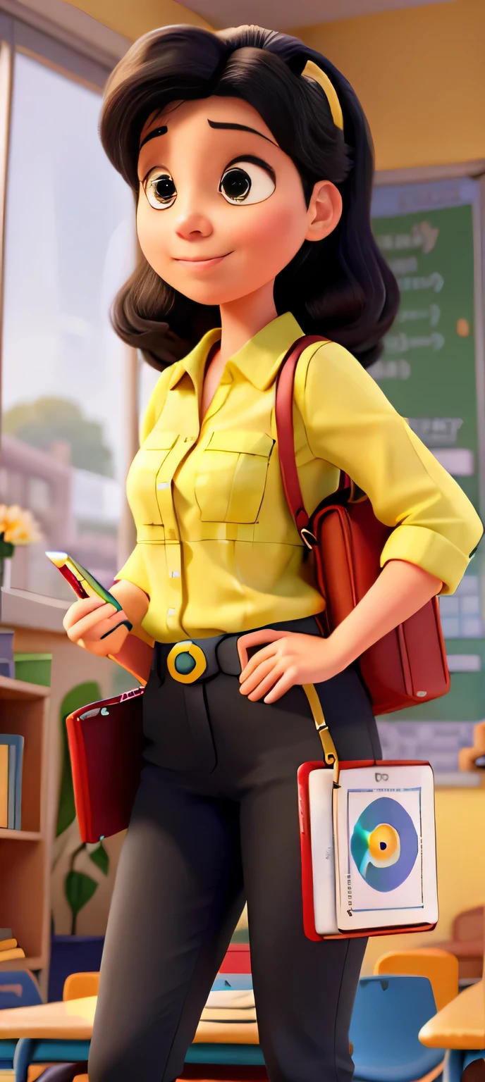 Crie poster estilo pixar disney, Mulher de 27 anos, a preschool teacher, She is at school wearing a green and yellow blouse, tight black pants, holding books 