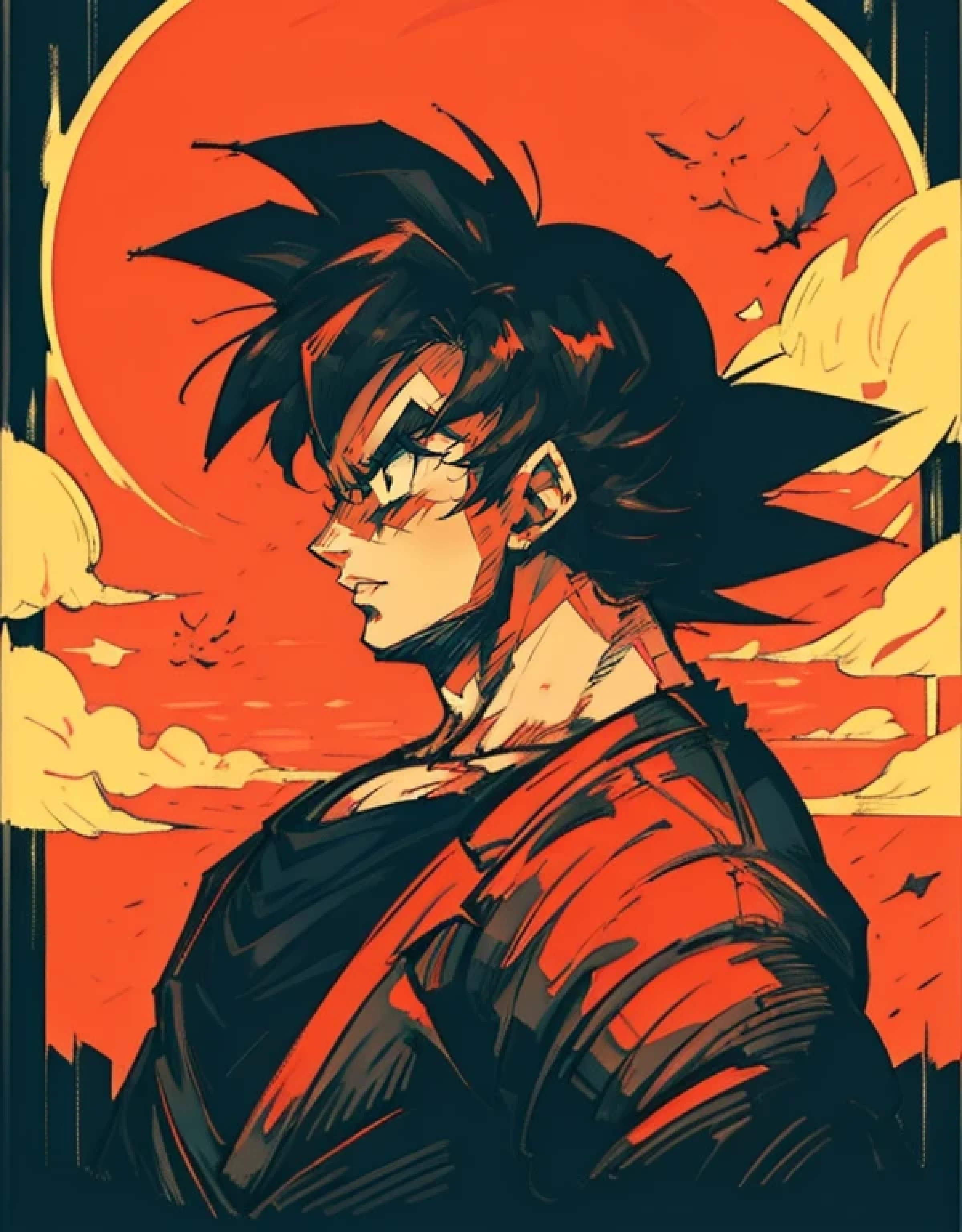 (masterpiece), best quality, ultra-detailed, Goku from Dragon Ball Z wearing fashion clothes, Retro style, front view, dynamic view, uhd, portrait
