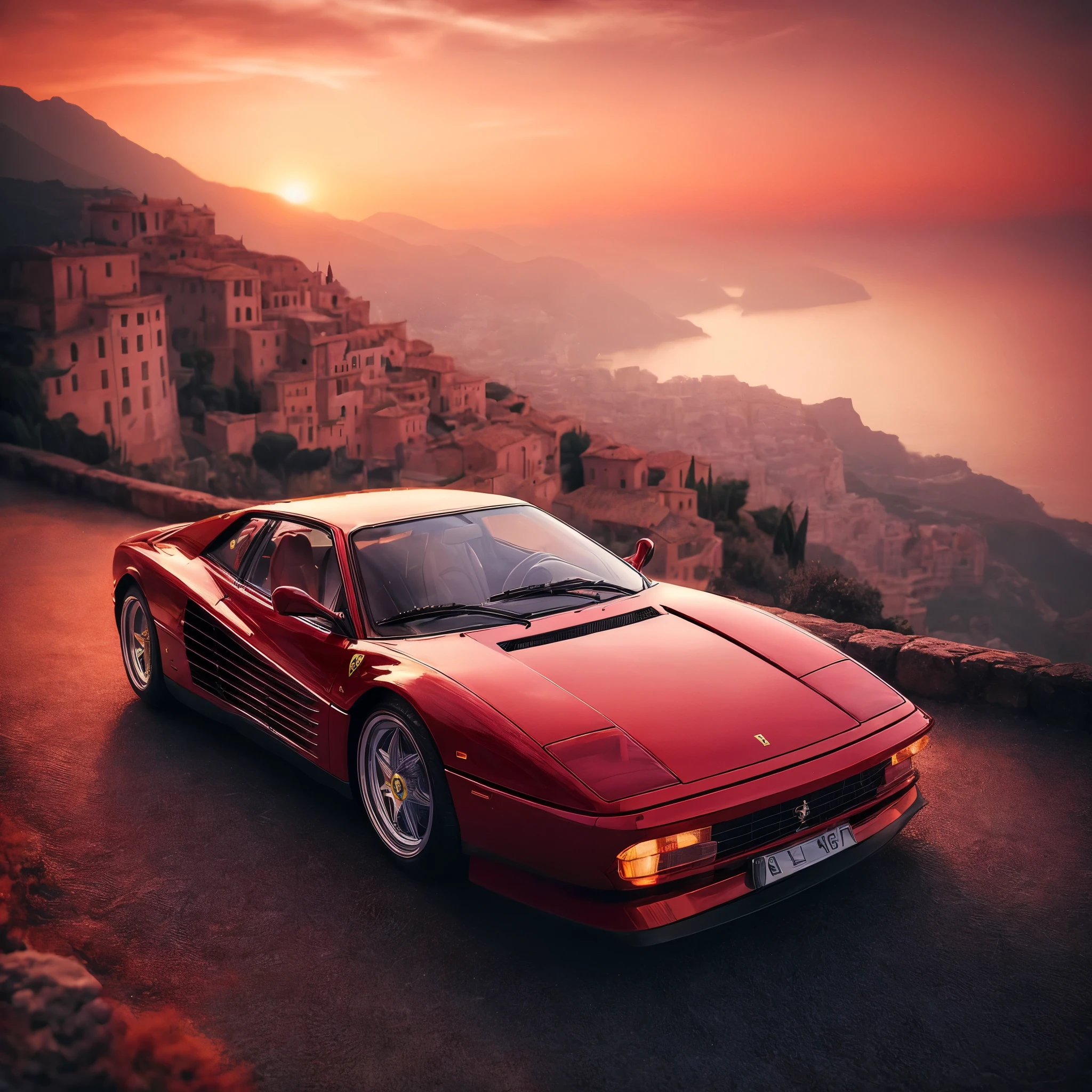 The epitome of perfection: A stunningly detailed image of a Ferrari Testarossa captured from the perfect angle to showcase its sleek design, Ethereal, Mediteranian scenary