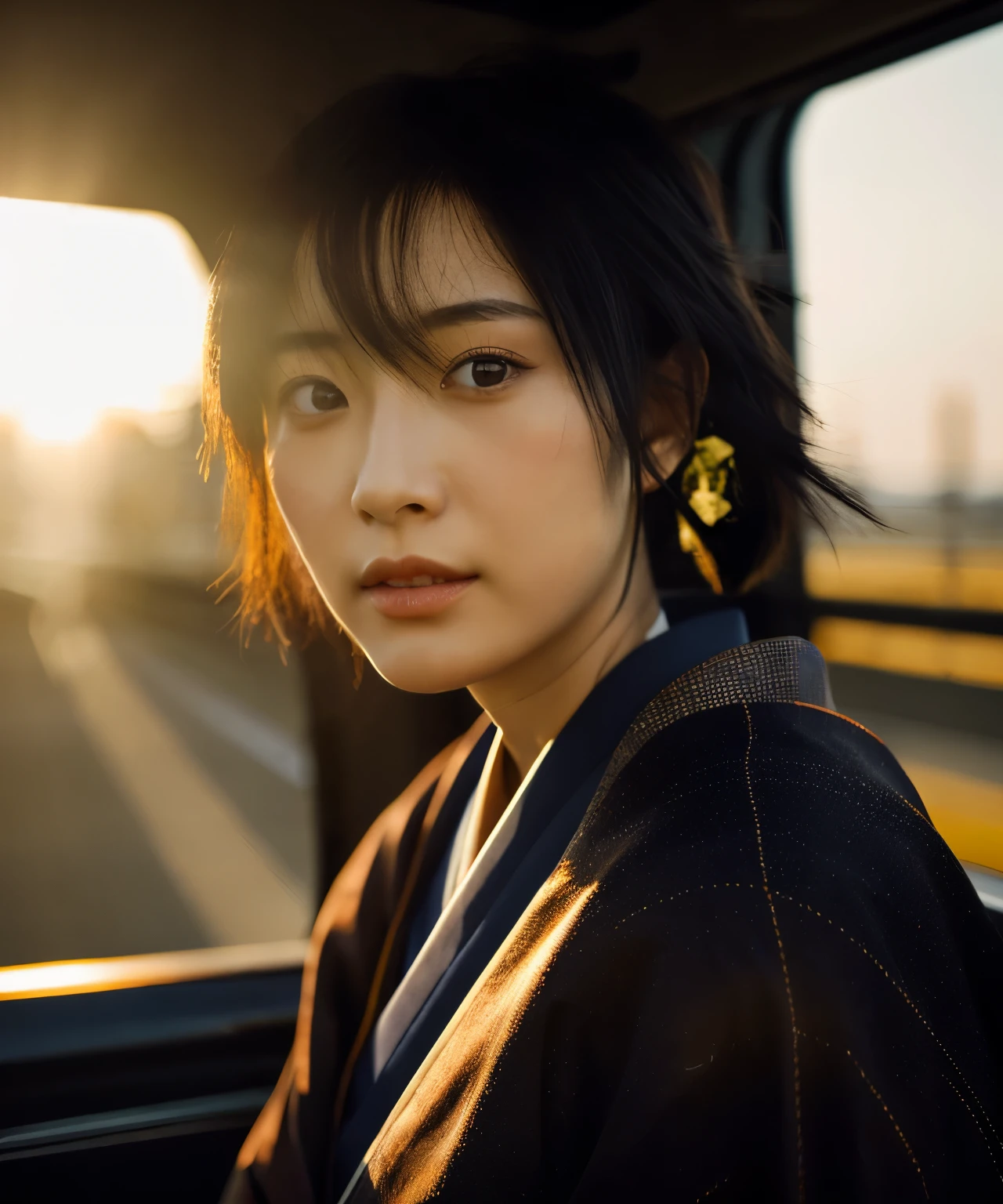 a japanese girl，black hair，Gorgeous kimono，Japan Highway Background，a ray of light，Beautiful facial lighting，Large，Photographed by Yui Aragaki，sunset