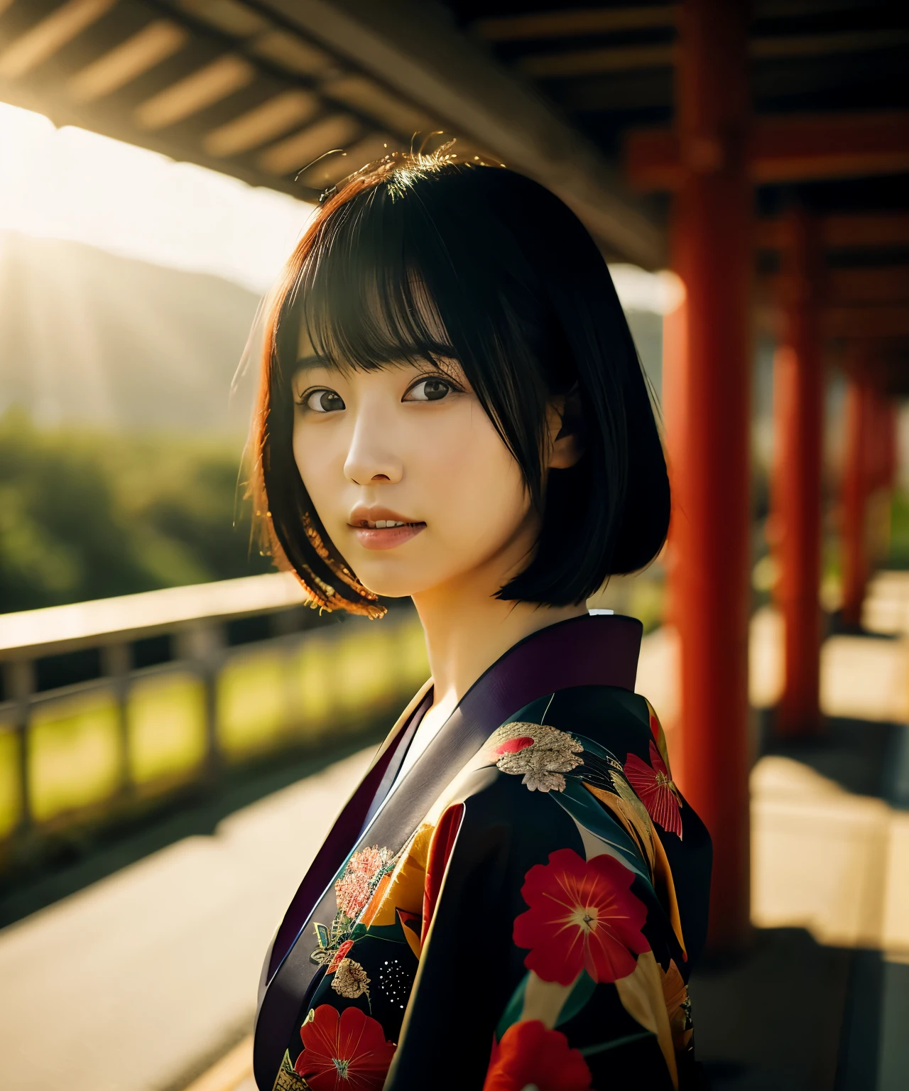a japanese girl，black hair，Gorgeous kimono，Japan Highway Background，a ray of light，Beautiful facial lighting，Large，Photographed by Yui Aragaki，sunset