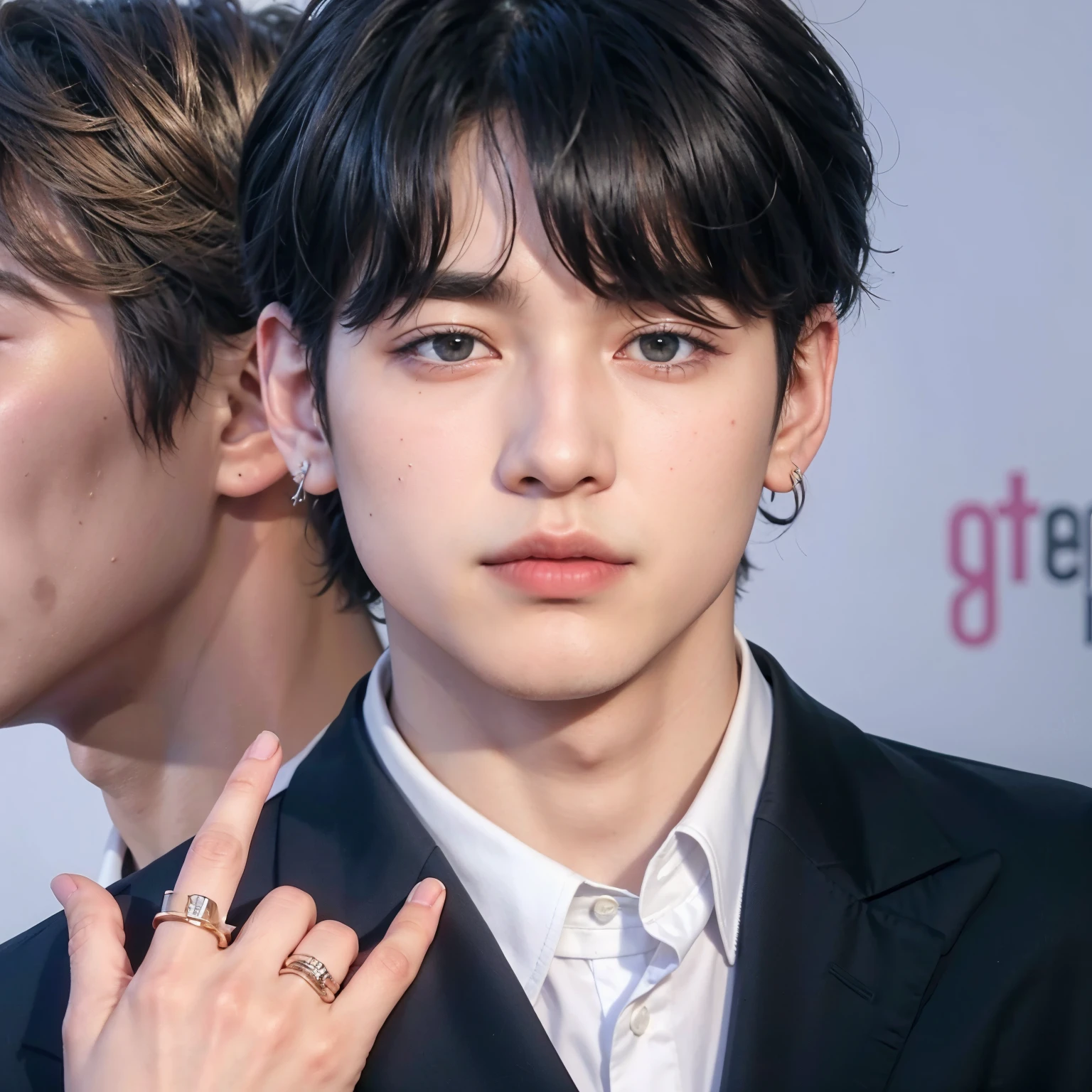 araffed male in a suit and tie with a ring on his finger, jungkook, cai xukun, taken in the early 2020s, black haired yoongi, jimin\'s right eyelid swollen, kim doyoung, hyung tae, taejune kim, bts, innocent look, jinyoung shin, jimin\'s plump lips, jimin, ten lee
