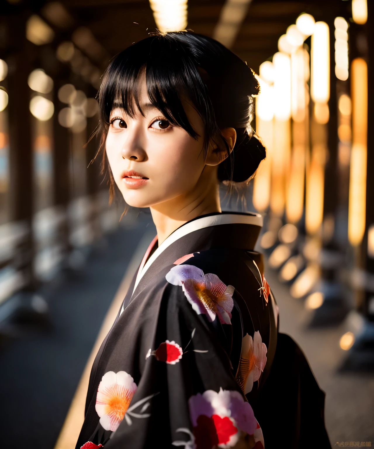 a japanese girl，black hair，Gorgeous kimono，Japan Highway Background，a ray of light，Beautiful facial lighting，Large，Photographed by Yui Aragaki，sunset