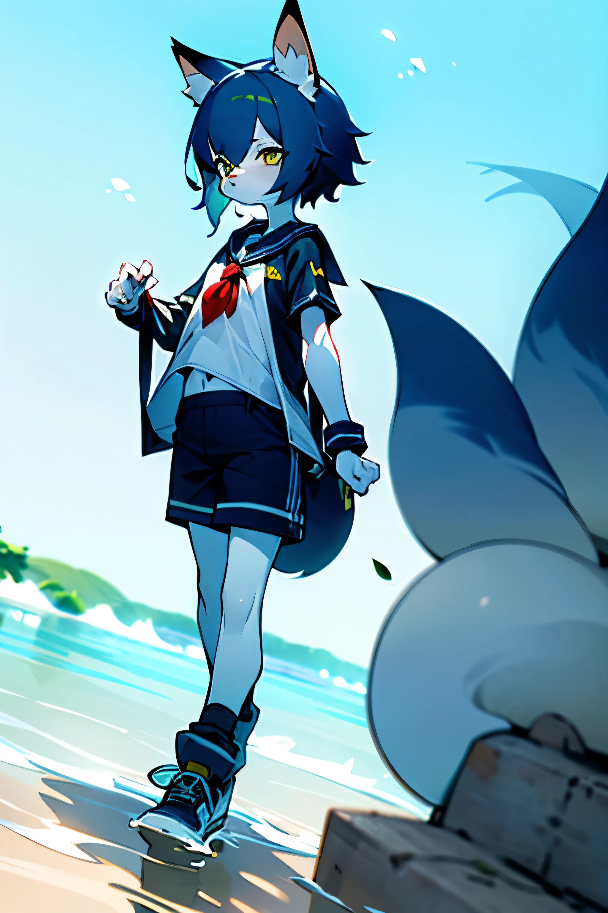 Blue furry boy wearing midriff-baring blue short-sleeved sailor suit，blue hair，cyan eyes，Lovely，((short stature))，wear shorts，Fluffy blue hair all over body，Wear only socks，Fox Boy，short hair，exaggerated perspectives，best quality，Swim in the water