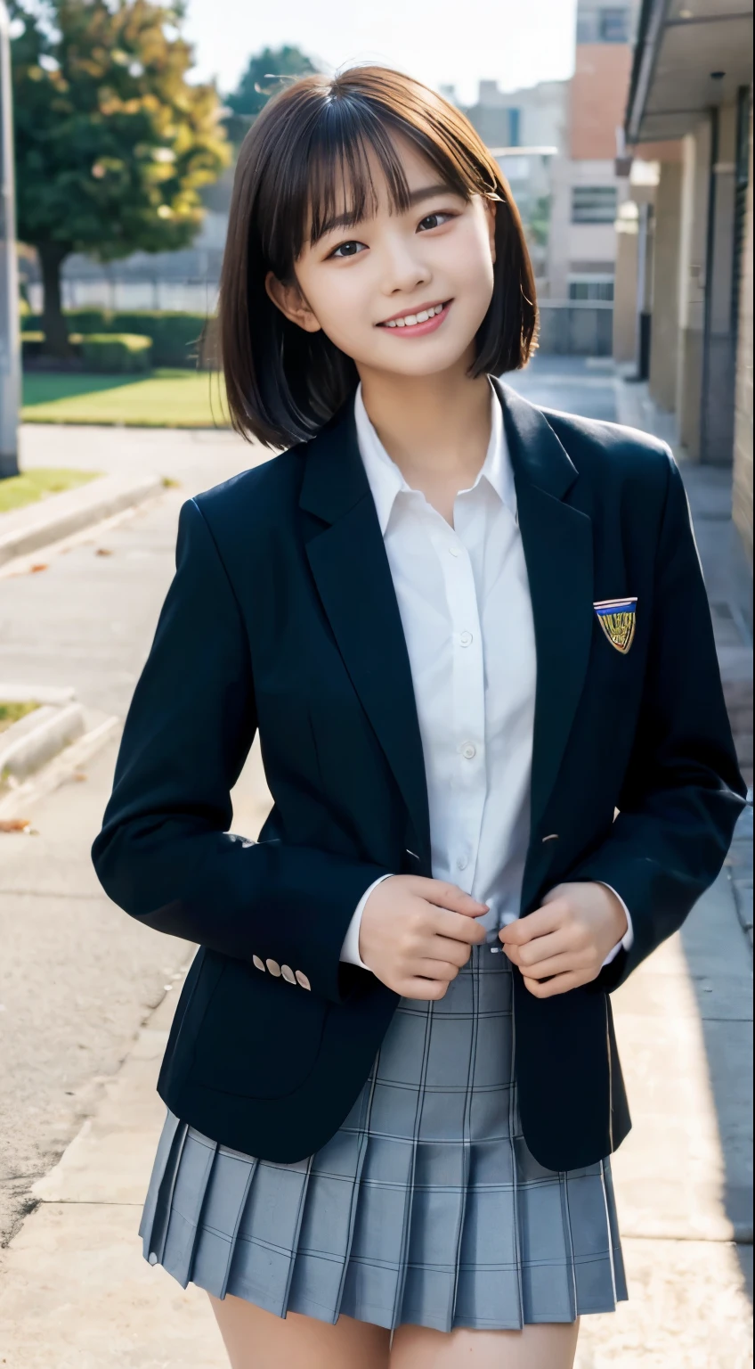 (highest quality,8K quality,masterpiece:1.3),(Super high resolution,Photoreal:1.4,Raw photo),(super detailed,caustics,detailed background),(ultra-realistic capture,Beautifully detailed skin,perfect anatomy),at dusk,sunset sky,school building,schoolyard,18-year-old,cute,single eyelid,black short bob,School Blazer Uniform,look at the camera,laughter,bust up shot,natural soft light