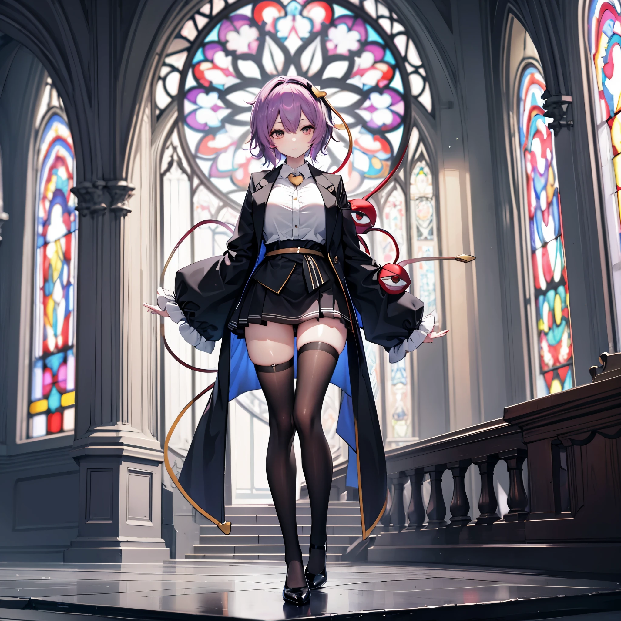 Satori toho character, solo, standing, stained glass, BREAK, short hair, huge breasts, (inconceivably thin waist), very long legs, BREAK, (black blazer), (black thighhighs), black miniskirt, highheels