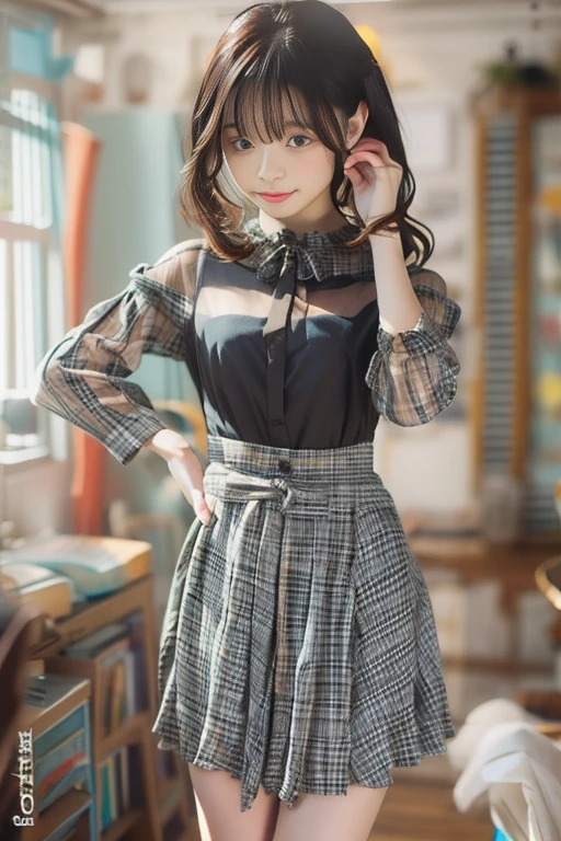 masterpiece , top quality , very detailed , 1 person, ((contrasting eyes)) , standing , blouse, skirt , bangs , room , indoor