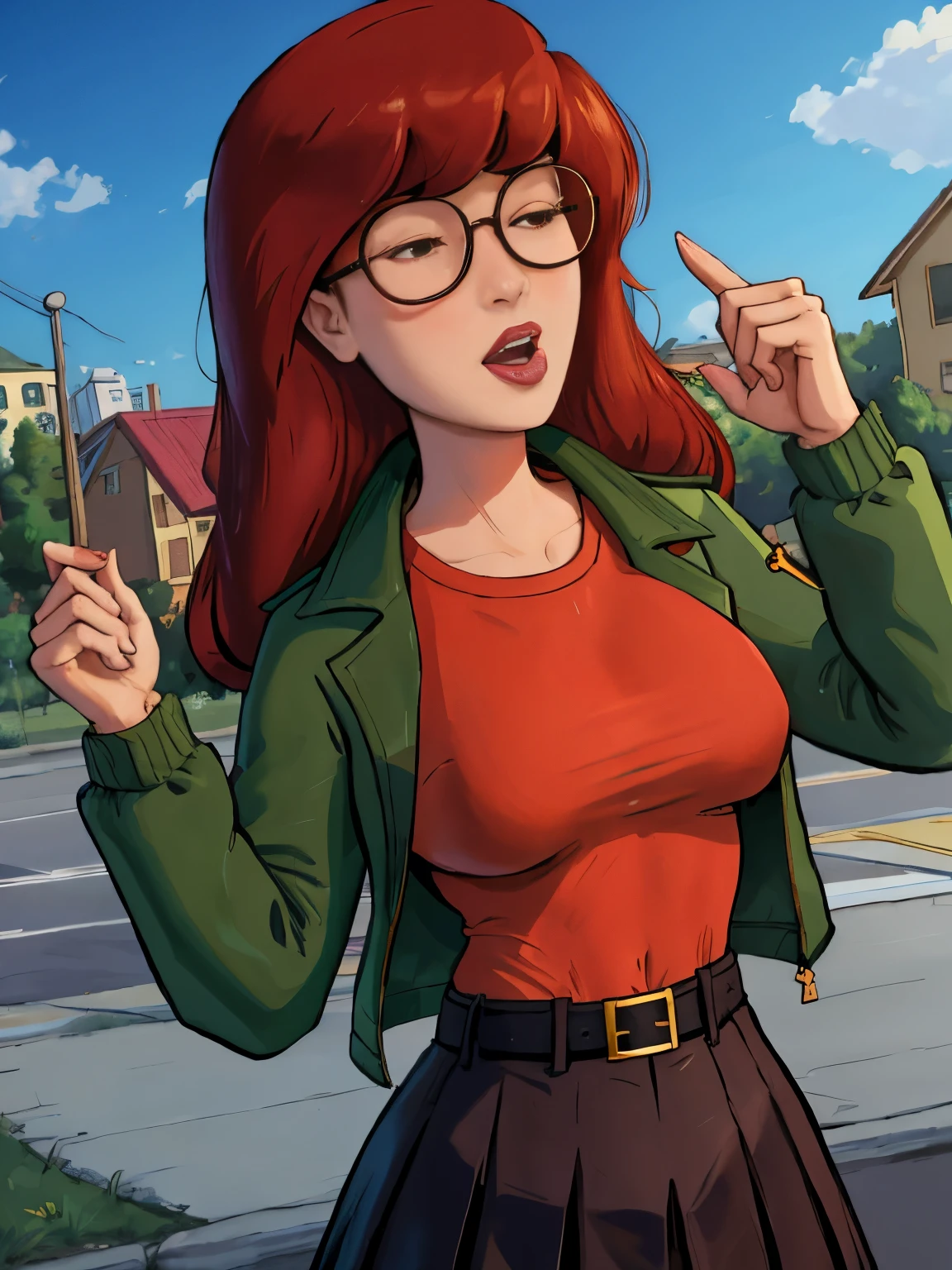 daria, 1girl, solo, green jacket, brown shirt, glasses, outdoors, hidden from crowd, full body, black skirt, black boots, exotic pose, from below, standing, upper body, navel, outdoors, neighborhood, morning, cartoon, tounge sticking out of mouth