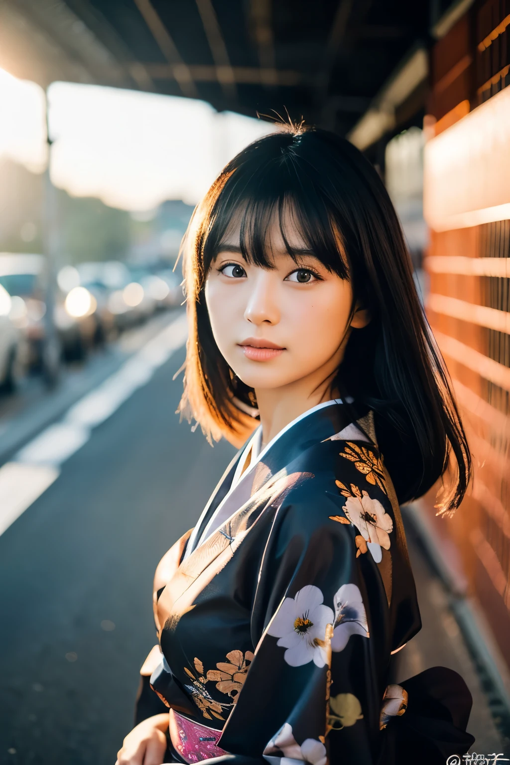 A 20-year-old Japanese supermodel girl，black hair，Ukiyo-e kimono，Japan Highway Background，a ray of light，Beautiful facial lighting，Large，Photographed by Yui Aragaki，6 o&#39;clock