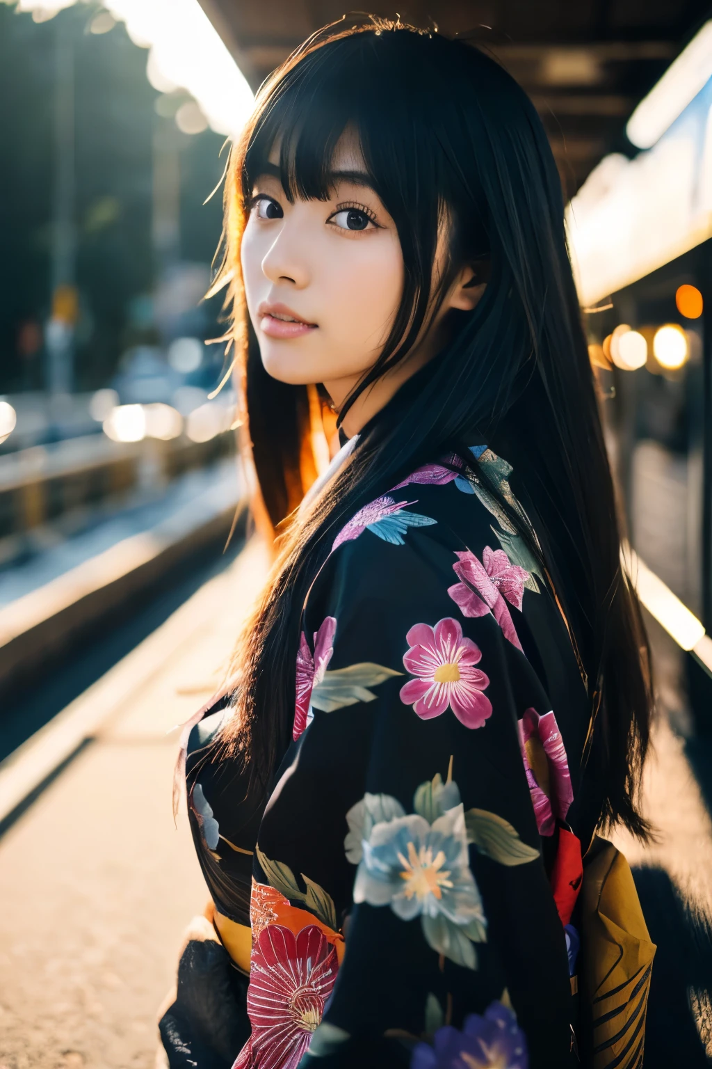 A 20-year-old Japanese supermodel girl,black hair,Ukiyo-e kimono,Japan Highway Background,a ray of light,Beautiful facial lighting,Large,Photographed by Yui Aragaki,6 o'clock