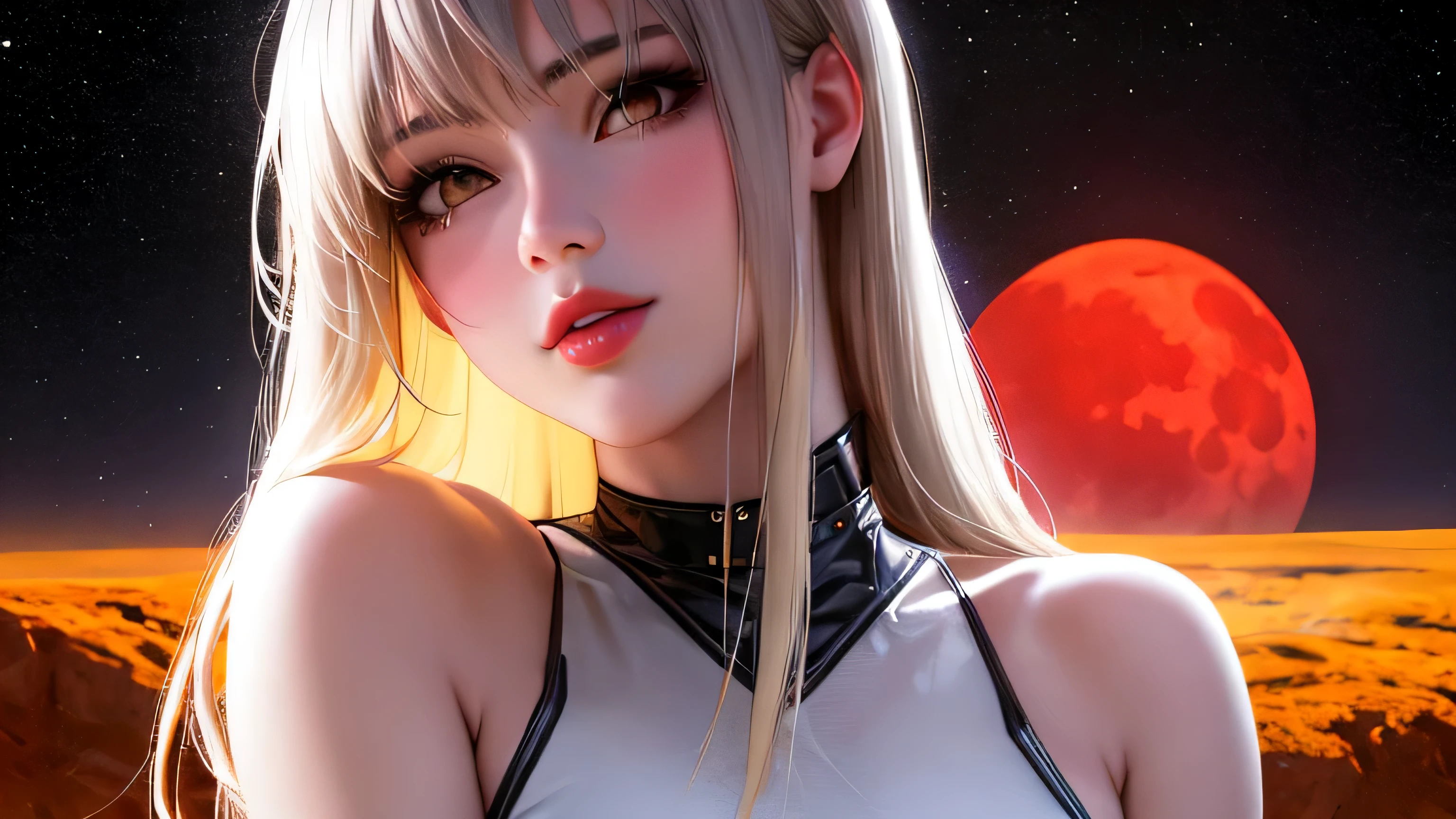 1 girl, beautiful face, ((White eyes)), sexy pose, Red moon on background, performer, space, (light room:1.13), soft light, (natural skin texture:1.2), (hyper realism:1.2), sharp focus, concentrate,[[realistic]]