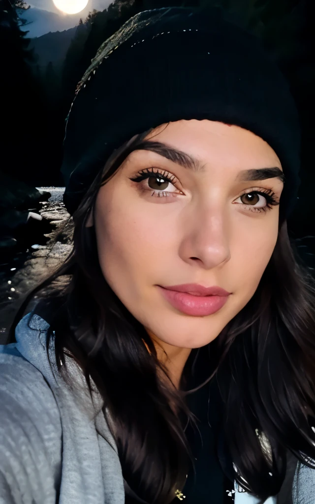 photorealistic, best quality, hyper detailed, beautiful Gal Gadot, selfie photo, full body, solo, wearing pullover, outdoors, (night), mountains, real life nature, stars, moon, (cheerful, happy), sleeping bag, gloves, sweater, beanie, flashlight, forest, rocks, river, wood, smoke, fog, clear sky, analog style, looking at viewer, skin texture, film grain, close up, ultra high res, best shadow, RAW, instagram LUT