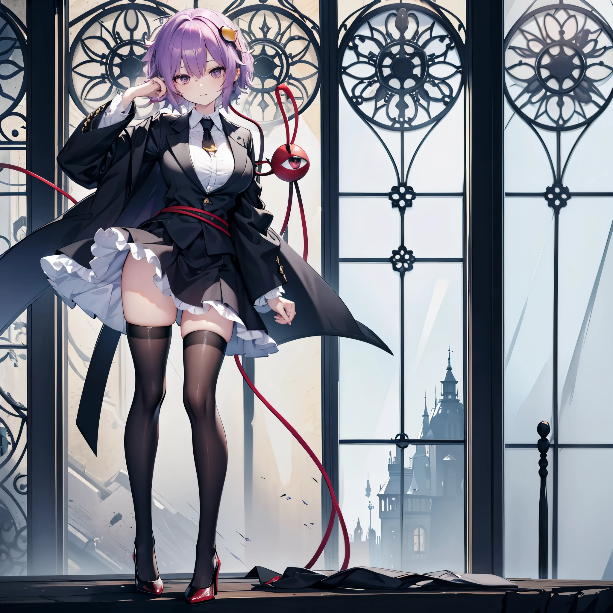 Satori toho character, solo, standing, stained glass, BREAK, short hair, huge breasts, (inconceivably thin waist), very long legs, BREAK, (black blazer), (black thighhighs), black miniskirt, highheels