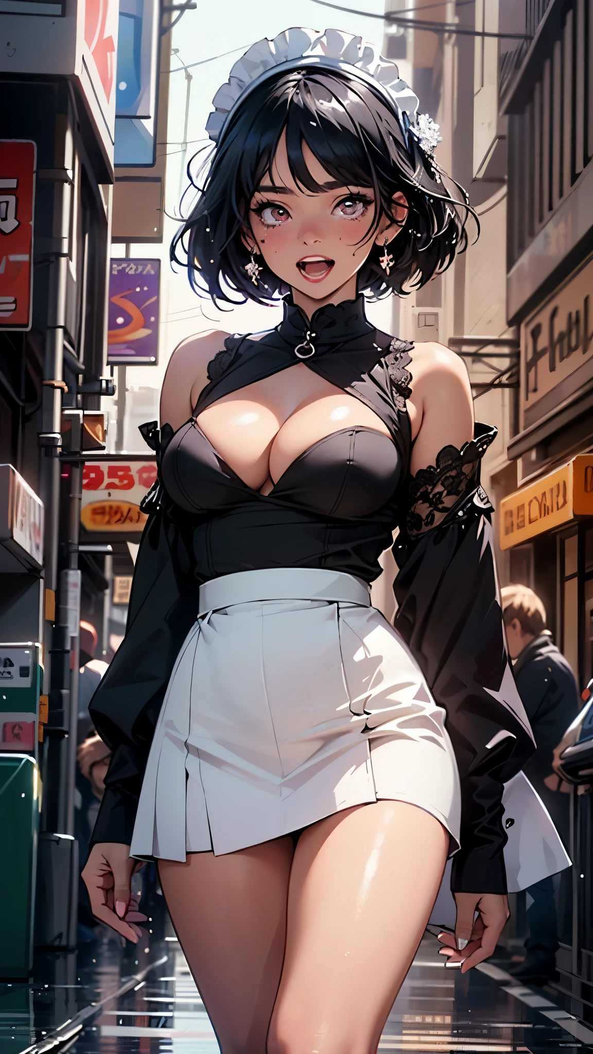 maid girl,((1girl)),((maid girl with extremely cute and beautiful black hair)),
(large breasts:1.4),bountiful breasts,fluffy breasts,H cup bust,bust up,bulging bust top,(((black bob hair:1.35,colored inner hair,short hair,ear breathing))),((heterochromia:1.5, (purple_eye and blue_eye))),big eyes:1.3,((fat)),(((lustrous skin:1.5,bright skin: 1.5,skin tanned,shiny skin,very shiny skin,shiny body,plastic glitter skin,exaggerated shiny skin,illuminated skin,wet legs))),(spider lower abdomen,narrow waist,wide hip,athletic body,inflated legs, thick thighs,detailed body,(detailed face)),
cute,slutty,seductive,erotic,((nsfw)),
zettai ryouiki,(maid headdress),maid uniform,Headdress,(maid),sleeveless,mini skirt,boots,cleavage cutout,bare legs,clothes with a lot of lace frills,((wet clothes,intricate outfit,intricate clothes)),
(dynamic pose:1.0),solo focus,embarrassed,blush,sweat,((tears,open mouth)),moist eyes,(centered,scale to fit dimensions,Rule of thirds),
cyberpunk city by the ocean at night, with bright neon signs and dark stormy clouds and puddles, scenery:1.25,nighttime, starry night, cosmos,Very dark night that makes the neon lights stand out, very bright neon lights,nighttime, starry night, cosmos,
artistic photography,(photography taken by sldr),highres, sharp focus,(ultra detailed, extremely detailed), (photorealistic artwork:1.37),(extremely detailed CG unity 8k wallpaper),((synthwave background theme)),(((vibrant colors))),intricate,(intricate background),(masterpiece),(best quality),perfect rendered face,perfect face details,realistic face,photo realistic,analog style,((intricate detail)),(((realism))),