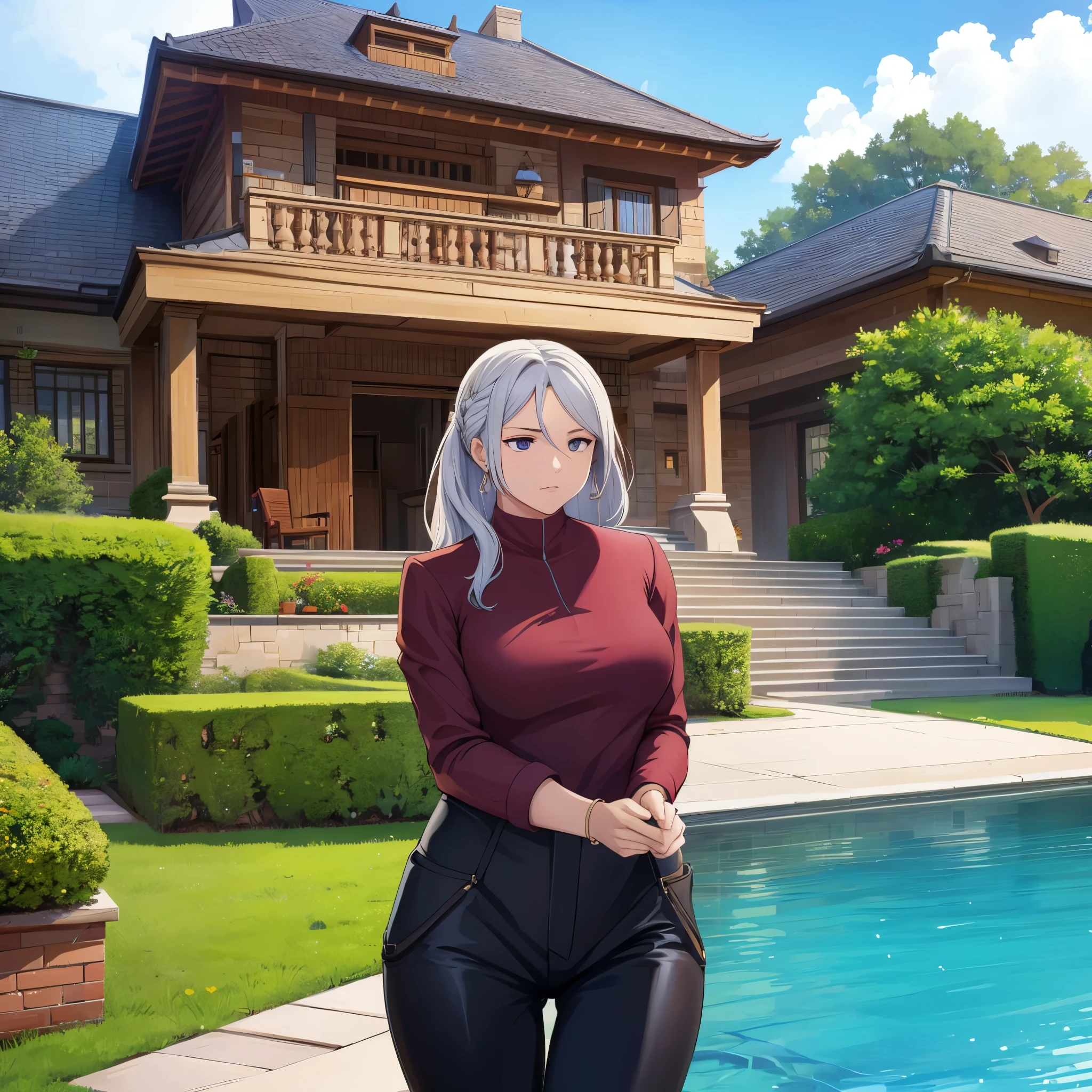 a woman in front of a luxurious house
