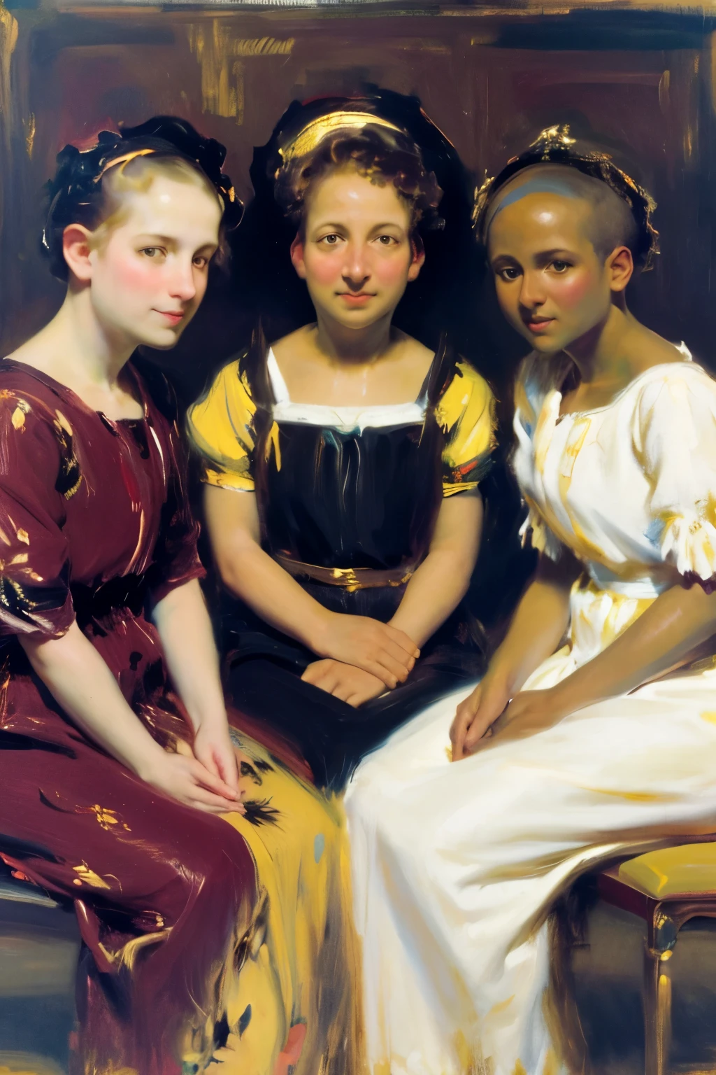 masterpiece, Three girls，white people，Black person，yellow people，
