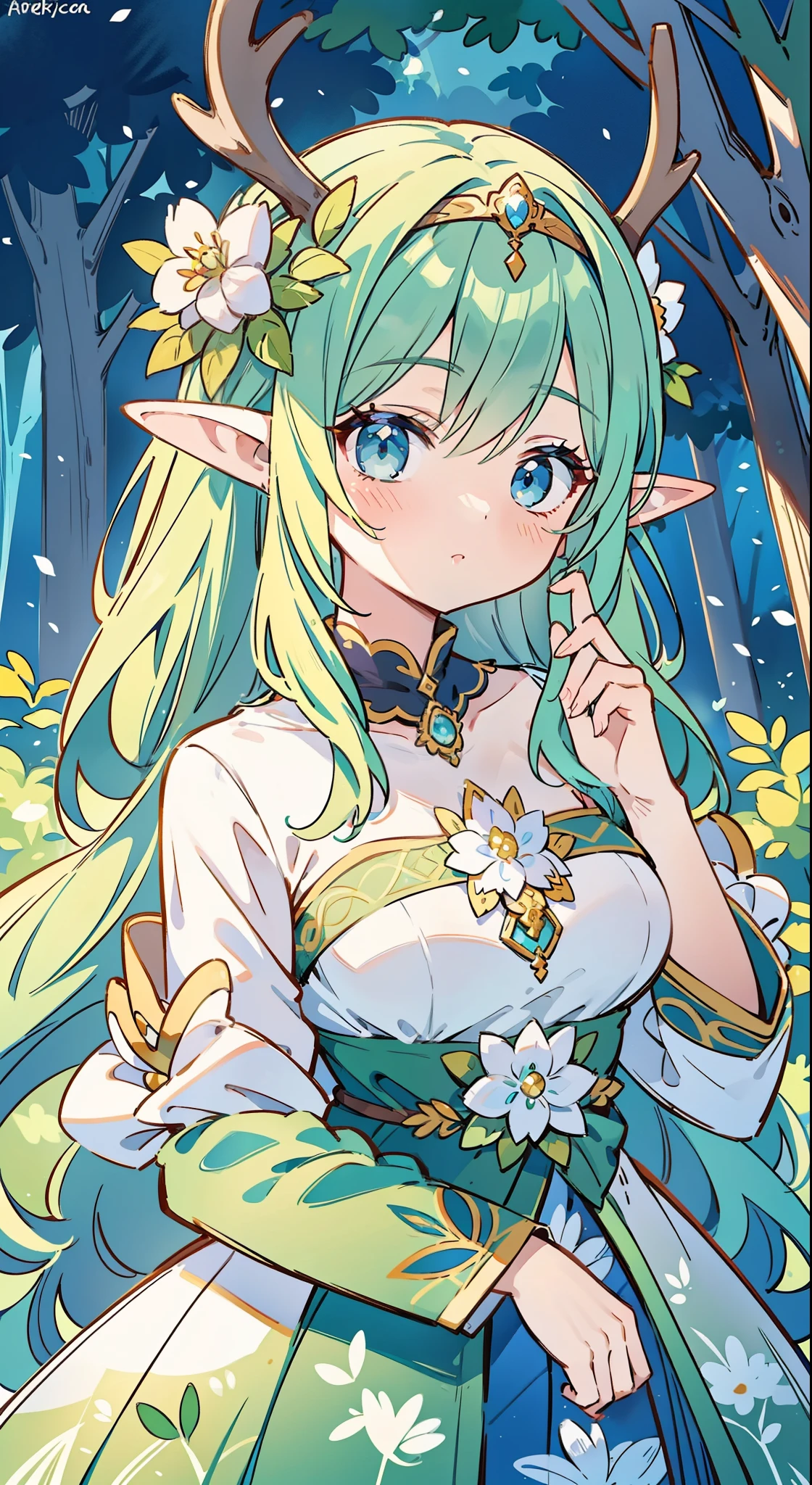 high high quality，masterpiece，Delicate facial features，Delicate hair，Delicate eyes，Delicate hair，animemanga girl，deer antlers，florals, Dreamy style, Fantastic flower garden，fantasy style clothing, Romantic dress,  beautiful and elegant elf queen, a beautiful fantasy empress, Fantasy art style, ((a beautiful fantasy empress)), Anime fantasy illustration, high priestess, fey queen of the summer forest, anime art nouveau, goddess of the forest, portrait of an elf queen, A beautiful artwork illustration，8K high quality detailed art（Delicate facial portrayal）（Fine hair depiction）（highest  quality）（Master masterpieces）（High degree of completion）（a sense of atmosphere）8k wallpaper，tmasterpiece，Best quality at best，ultra - detailed