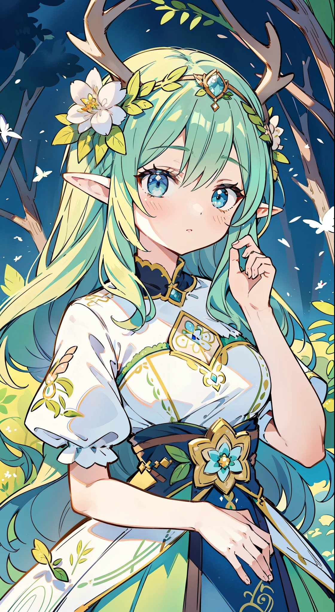 high high quality,masterpiece,Delicate facial features,Delicate hair,Delicate eyes,Delicate hair,animemanga girl,deer antlers,florals, Dreamy style, Fantastic flower garden,fantasy style clothing, Romantic dress, beautiful and elegant elf queen, a beautiful fantasy empress, Fantasy art style, ((a beautiful fantasy empress)), Anime fantasy illustration, high priestess, fey queen of the summer forest, anime art nouveau, goddess of the forest, portrait of an elf queen, A beautiful artwork illustration,8K high quality detailed art(Delicate facial portrayal)(Fine hair depiction)(highest quality)(Master masterpieces)(High degree of completion)(a sense of atmosphere)8k wallpaper,tmasterpiece,Best quality at best,ultra - detailed