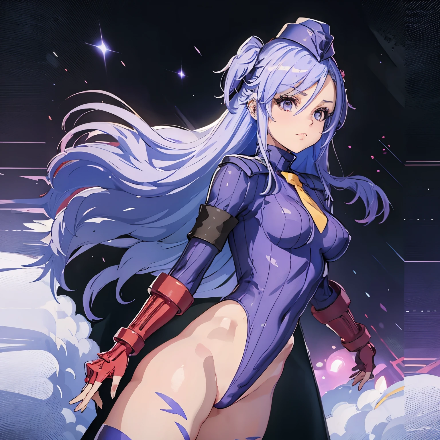 ultra-detailed, Explicit, Beautiful body, Beautiful Nose, Beautiful character design, perfect eyes, perfect face, ultra highres, 4K, beautiful legs, perfect legs, Nice hands, Perfect hand, Masterpiece, Best Quality, Highly detailed, illustration, absurdres, perfect anatomy, street fighter, doll suit, shadaloo doll, dollsuit, expressionless, looking at viewer, red gloves, emotionless, black latex, corruption, mind control, female combatant, full body, hypnotized, unhappy trance, full body suit, ribbed bodysuit, both arms at side, obey, perfect female body, extremely glossy latex, hypnosis, hypnoLora, empty eyes, Blank eyes, Mind control device, poses, submissive_pose, Slave, stand up straight, standing, standing at attention, hat, necktie, belt, latex, ribbed bodysuit, thighhighs, garter belt, Fighting Stance, extending the right arm from the shoulder into the air with a straightened hand, military, thigh boots, 1girl, hair ornaments, light purple hair, purple eyes, long hair, (((pixel-perfect, detail-perfect))), solo, 1girl, Yae Niizuma, world dai star