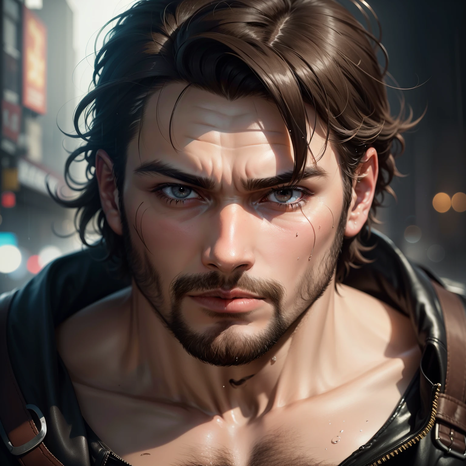 In the cinematic image effect, a 30-year-old man with a round face and short stature is depicted. His body is drenched in heavy rain on a rainy day, and his hair is plastered to his head in clumps. The man's features are drawn in hyper-realistic detail, with carefully drawn facial lines and realistic skin texture. The dark style of the image is enhanced by the depth of field and high light, creating a sense of depth and dimension. The man's eyes are the sharp focus of the image, with anatomically correct features and a heavy focus on the iris. The background of the image is a destroyed city, with a crowded crowd scattered for