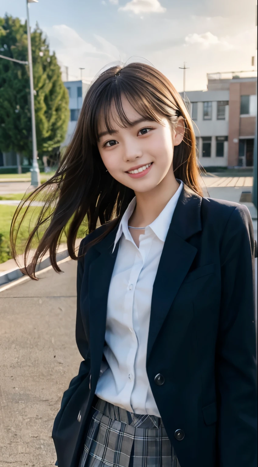 (highest quality,8K quality,masterpiece:1.3),(Super high resolution,Photoreal:1.4,Raw photo),(super detailed,caustics,detailed background),(ultra-realistic capture,Beautifully detailed skin,perfect anatomy),at dusk,sunset sky,school building,schoolyard,18-year-old,cute,single eyelid,black short bob,School Blazer Uniform,look at the camera,laughter,bust up shot,natural soft light