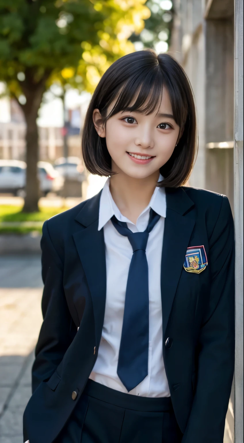 (highest quality,8K quality,masterpiece:1.3),(Super high resolution,Photoreal:1.4,Raw photo),(super detailed,caustics,detailed background),(ultra-realistic capture,Beautifully detailed skin,perfect anatomy),at dusk,sunset sky,school building,schoolyard,18-year-old,cute,single eyelid,black short bob,School Blazer Uniform,look at the camera,laughter,bust up shot,natural soft light