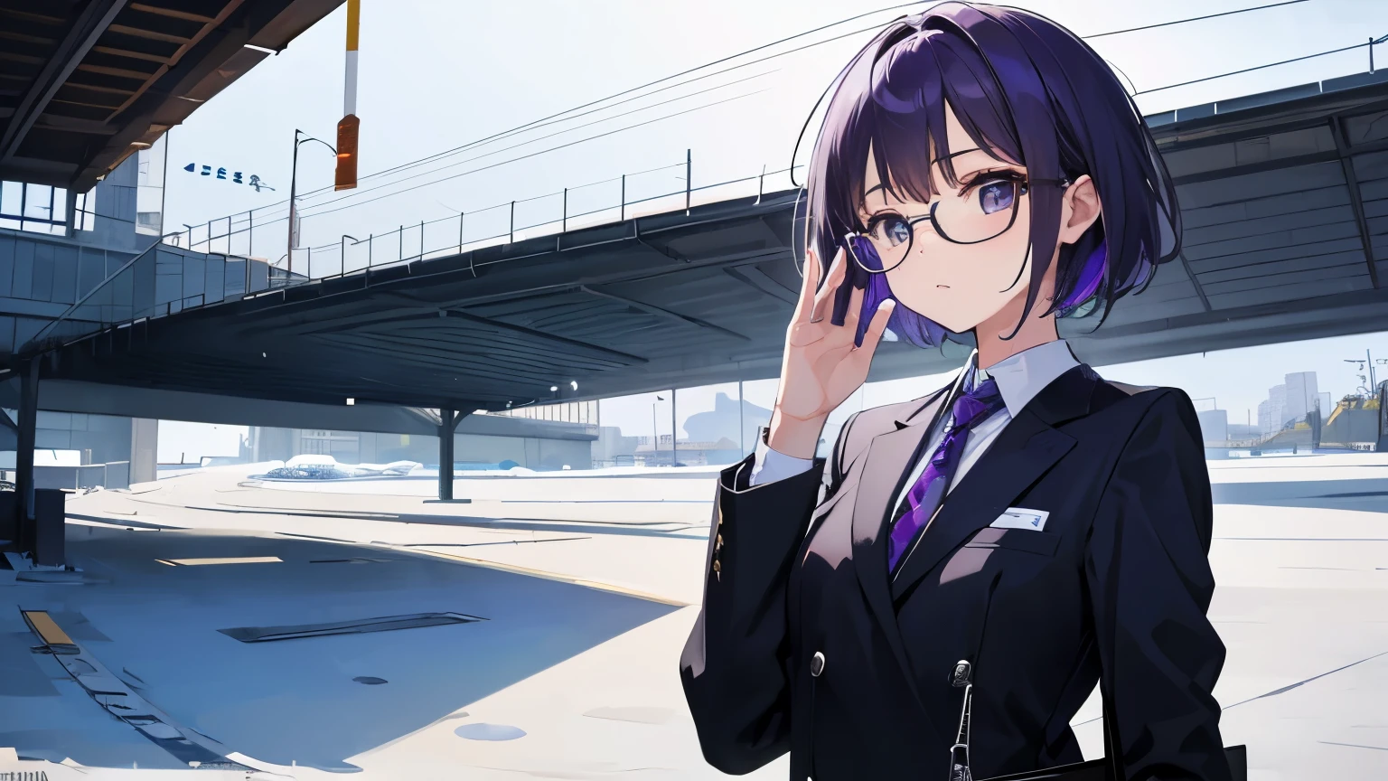 (T Masterpiece，4k wallpaper，best quality))、((girl１people))、(solo)、Brilliant，(purple hair)、(shortcut:1.3)、suit、Glasses、intellectual