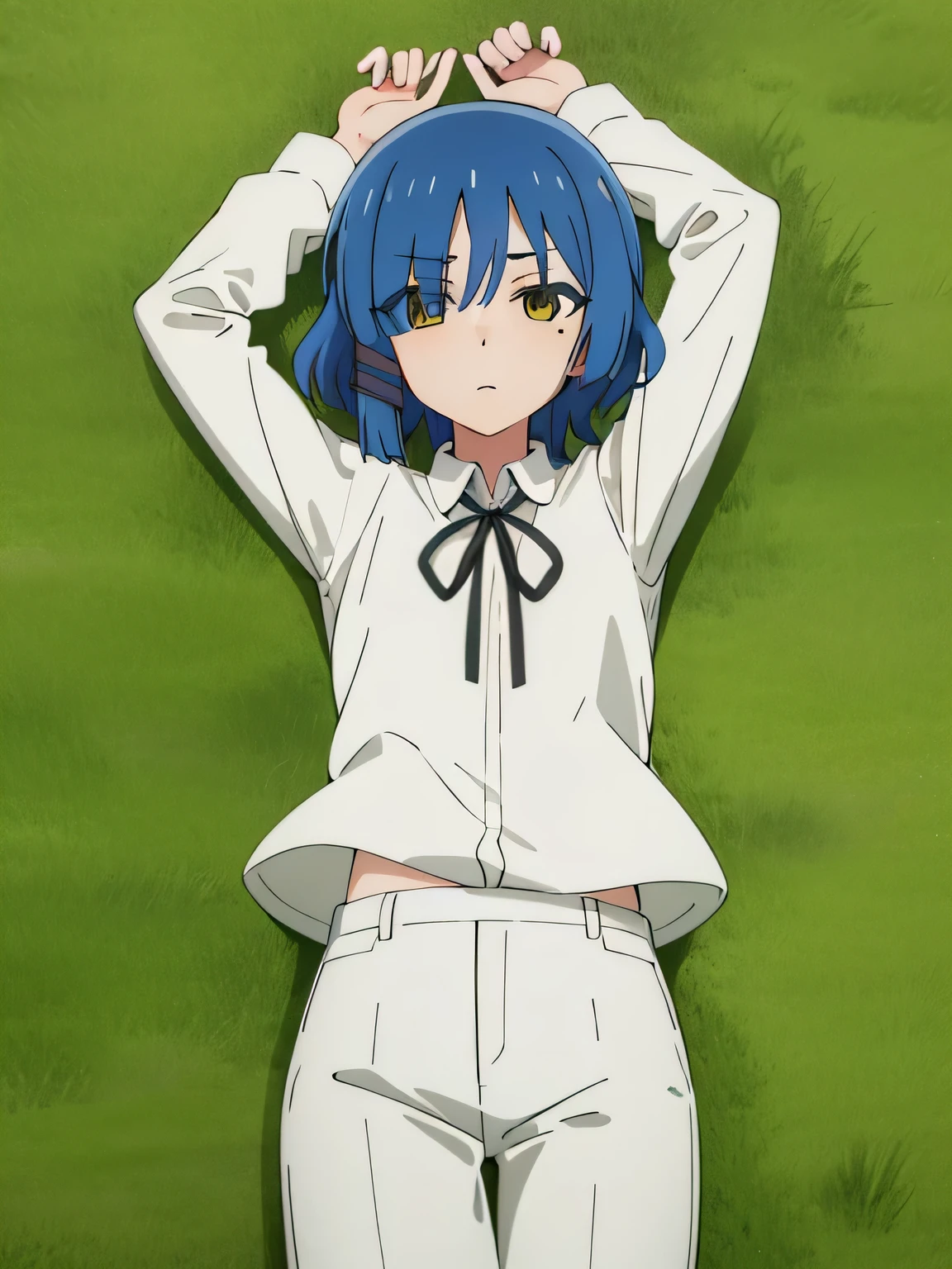 tall body, tall, long legs, mature female, mature, adult, Eft_Bocchi_Ryu, 1girl, solo, mole, blue hair, mole under eye, short hair, shirt, white shirt, looking at viewer, black ribbon, bangs, yellow eyes, collared shirt, ribbon, closed mouth, neck ribbon, portrait, expressionless, parody, eyes visible through hair, hair ornament, school uniform, hairclip, closed mouth, solo, cowboy shot, on back, on grass, arms up, spread arms, sleeveless, anime coloring, white pants,