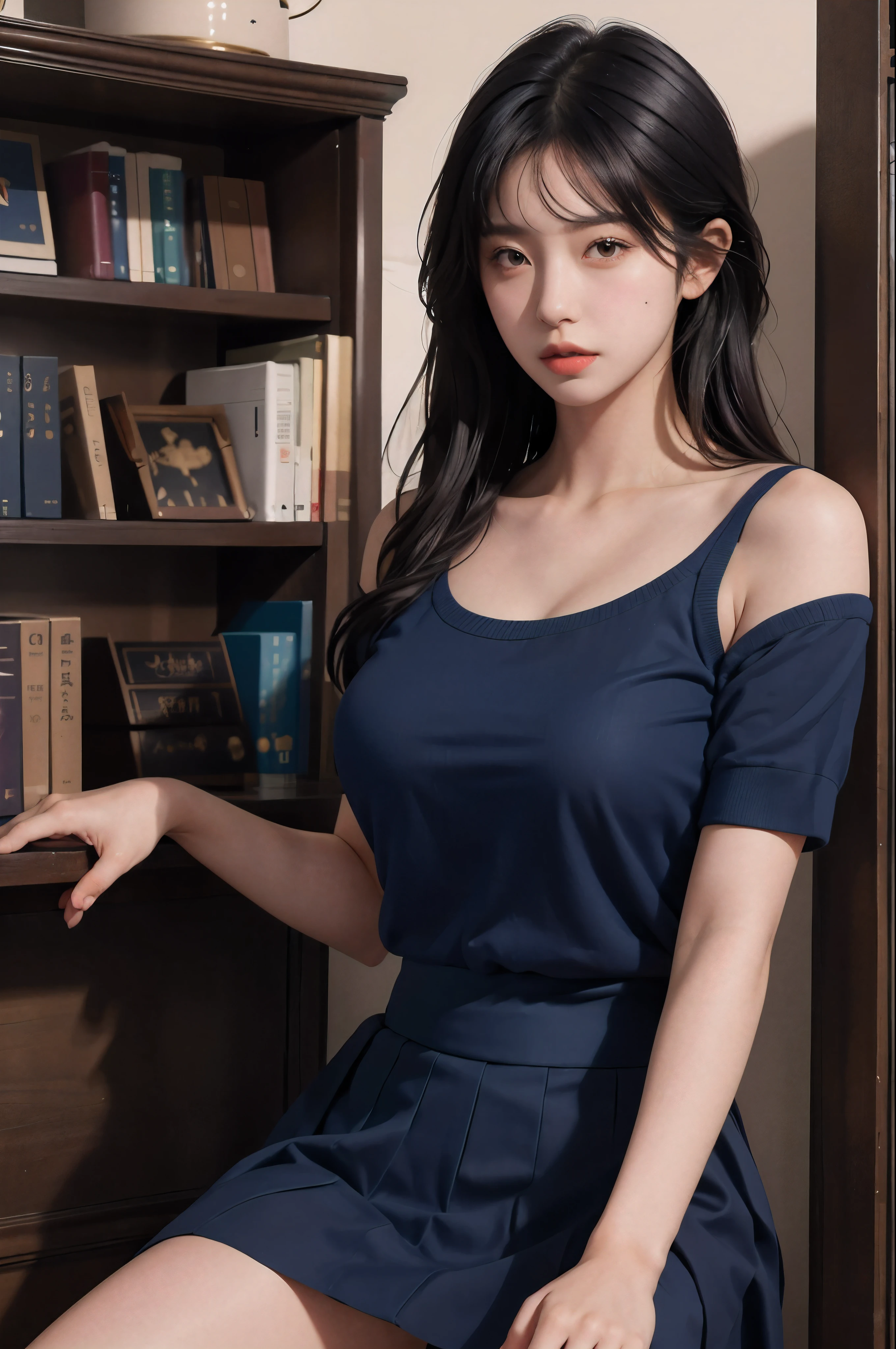 1girl,solo,(lshort-sleeved JK_sailor),JK_style,(dark blue JK_skirt),(bow JK_tie),(Inside the library:1.2),realistic,fully body,black hair,long hair,black eyes,lips,parted lips,collarbone,bare shoulders,portrait,nose,Best quality,masterpiece,ultra high res,(photorealistic:1.4),raw photo,