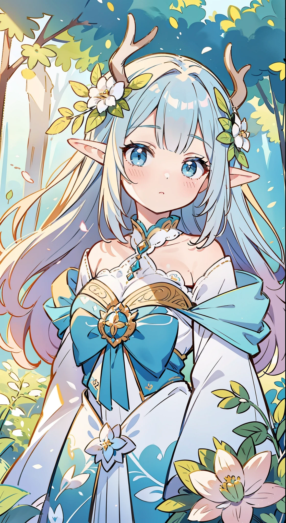 high quality, masterpiece, Delicate facial features, Delicate hair, Delicate eyes, Delicate hair, anime girl, deer antlers color hair, florals, Dreamy style, Fantastic flower garden, fantasy style clothing, Romantic dress, beautiful and elegant elf queen, Fantasy art style, Anime fantasy illustration, fey queen of the summer forest, anime art nouveau, goddess of the forest, portrait of an elf queen, A beautiful artwork illustration,8K high quality detailed art(Delicate facial portrayal)(Fine hair depiction)(highest quality)(masterpiece) 8k wallpaper,masterpiece, Best quality at best, ultra - detailed