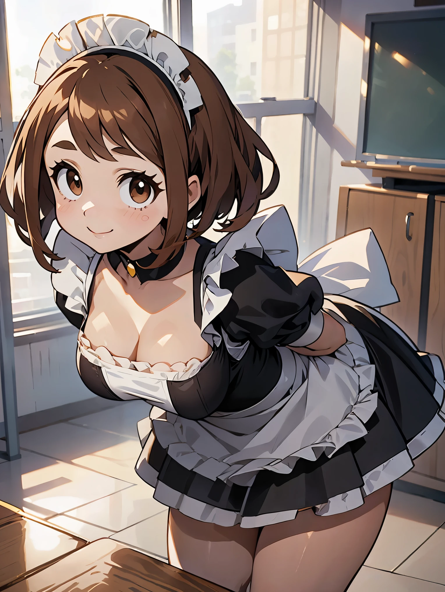 Ochaco Uraraka, medium breasts, ((maid dress)), (((cleavage))), leaning forward, suggestive smile, ((close up)), classroom, brown hair