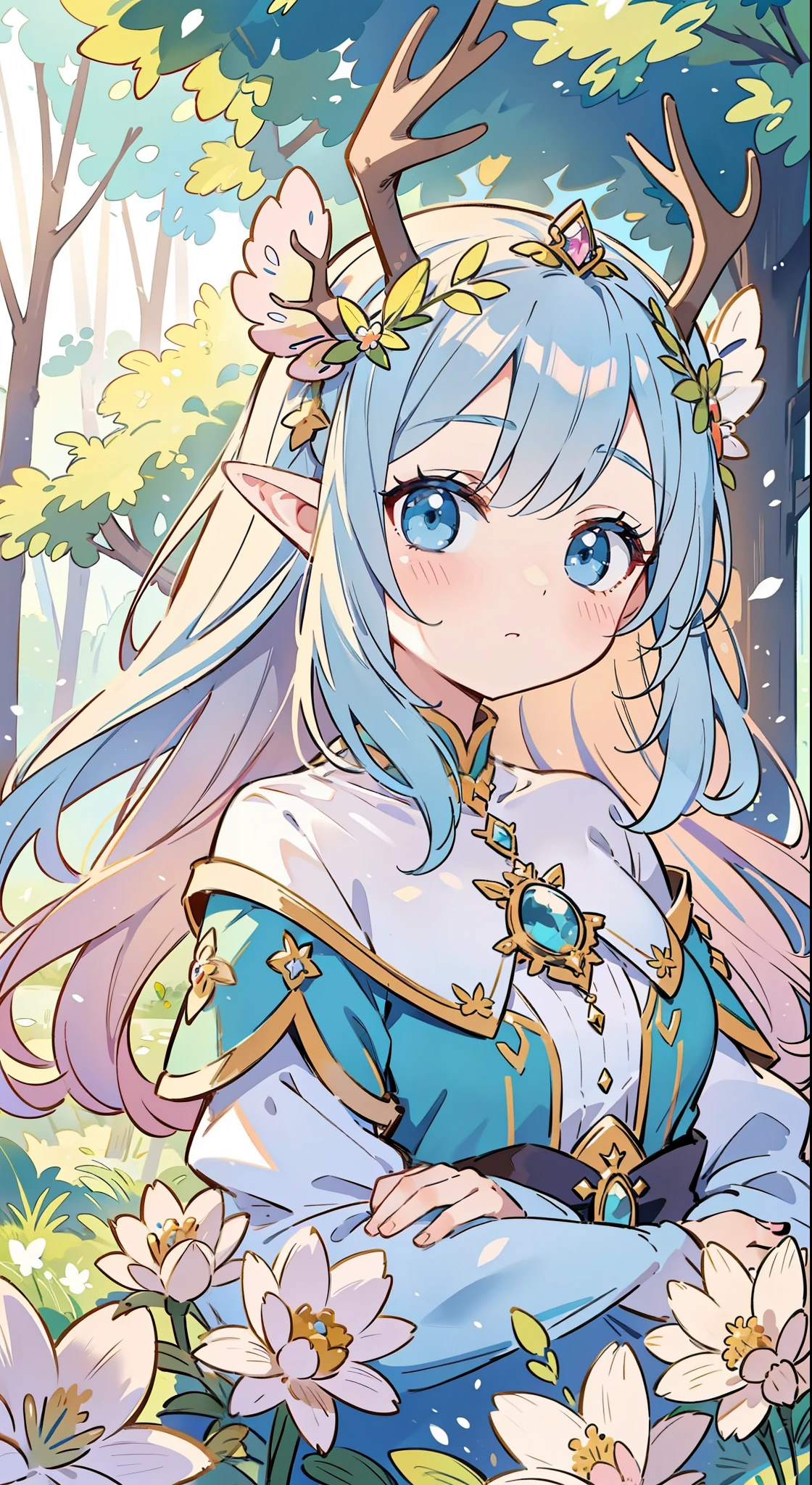 high quality, masterpiece, Delicate facial features, Delicate hair, Delicate eyes, Delicate hair, anime girl, deer antlers color hair, florals, Dreamy style, Fantastic flower garden, fantasy style clothing, Romantic dress,  beautiful and elegant elf queen, Fantasy art style, Anime fantasy illustration, fey queen of the summer forest, anime art nouveau, goddess of the forest, portrait of an elf queen, A beautiful artwork illustration，8K high quality detailed art（Delicate facial portrayal）（Fine hair depiction）（highest  quality）（masterpiece) 8k wallpaper，masterpiece, Best quality at best, ultra - detailed