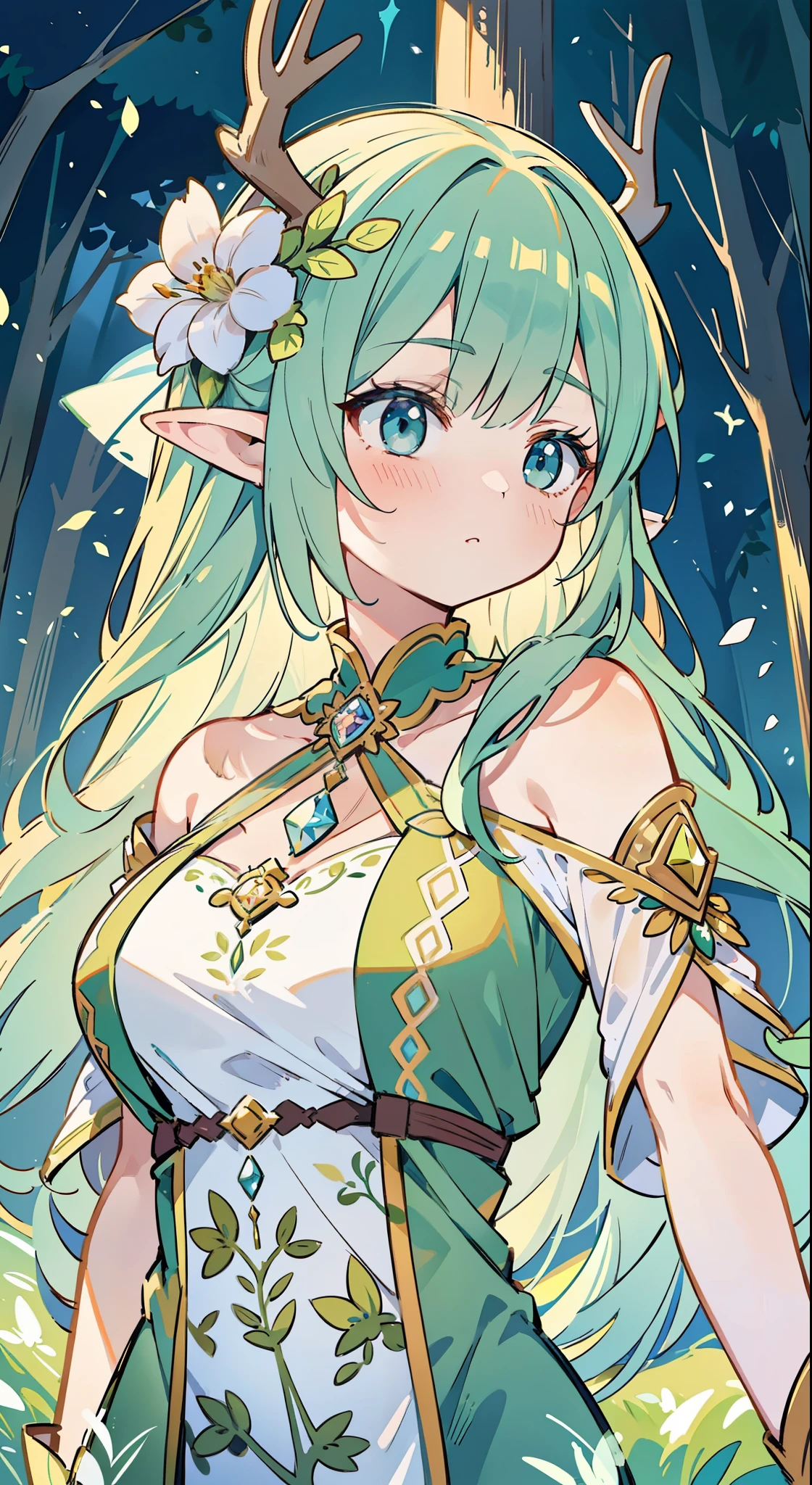 high high quality，masterpiece，Delicate facial features，Delicate hair，Delicate eyes，Delicate hair，animemanga girl，deer antlers，florals, Dreamy style, Fantastic flower garden，fantasy style clothing,Romantic dress,  beautiful and elegant elf queen, a beautiful fantasy empress, Fantasy art style, ((a beautiful fantasy empress)), Anime fantasy illustration, high priestess, fey queen of the summer forest, anime art nouveau, goddess of the forest, portrait of an elf queen, A beautiful artwork illustration，8K high quality detailed art（Delicate facial portrayal）（Fine hair depiction）（highest  quality）（Master masterpieces）（High degree of completion）（a sense of atmosphere）8k wallpaper，tmasterpiece，Best quality at best，ultra - detailed