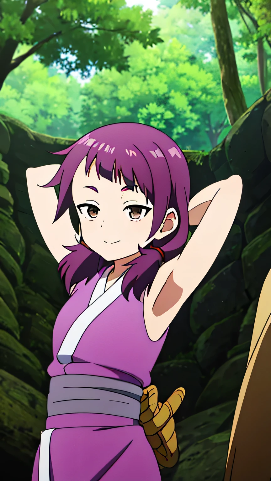 masterpiece, best quality, kunoichi_shakuyaku, brown eyes, purple hair, low twintails, purple kimono, anime, closed mouth, solo, cowboy shot, night sky, forest, arms behind head, contrapposto, shy smile, spread armpits, shy smile, facing foward,