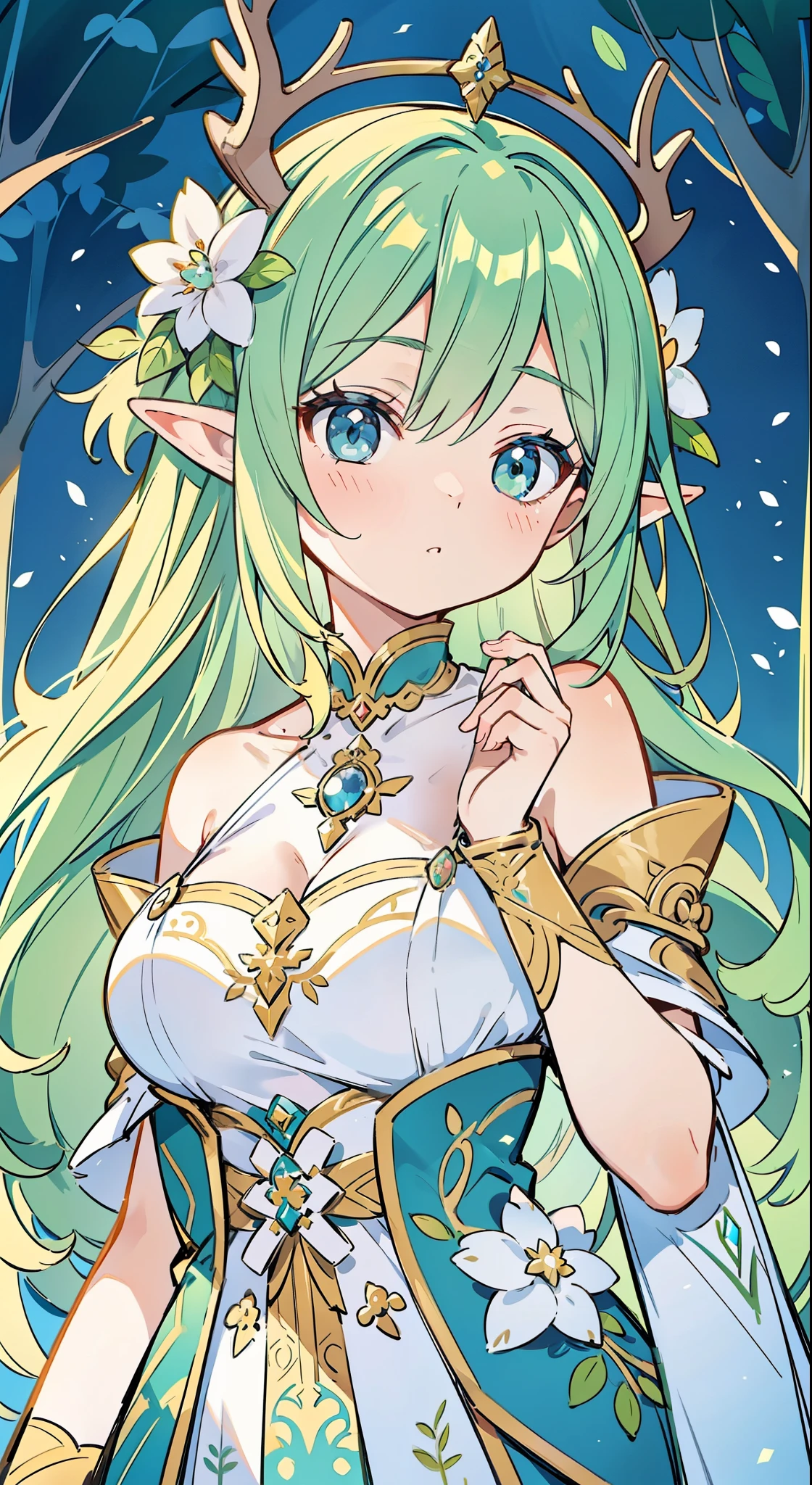 high high quality，masterpiece，Delicate facial features，Delicate hair，Delicate eyes，Delicate hair，animemanga girl，deer antlers，florals, Dreamy style, Fantastic flower garden，fantasy style clothing,Romantic dress,  beautiful and elegant elf queen, a beautiful fantasy empress, Fantasy art style, ((a beautiful fantasy empress)), Anime fantasy illustration, high priestess, fey queen of the summer forest, anime art nouveau, goddess of the forest, portrait of an elf queen, A beautiful artwork illustration，8K high quality detailed art（Delicate facial portrayal）（Fine hair depiction）（highest  quality）（Master masterpieces）（High degree of completion）（a sense of atmosphere）8k wallpaper，tmasterpiece，Best quality at best，ultra - detailed