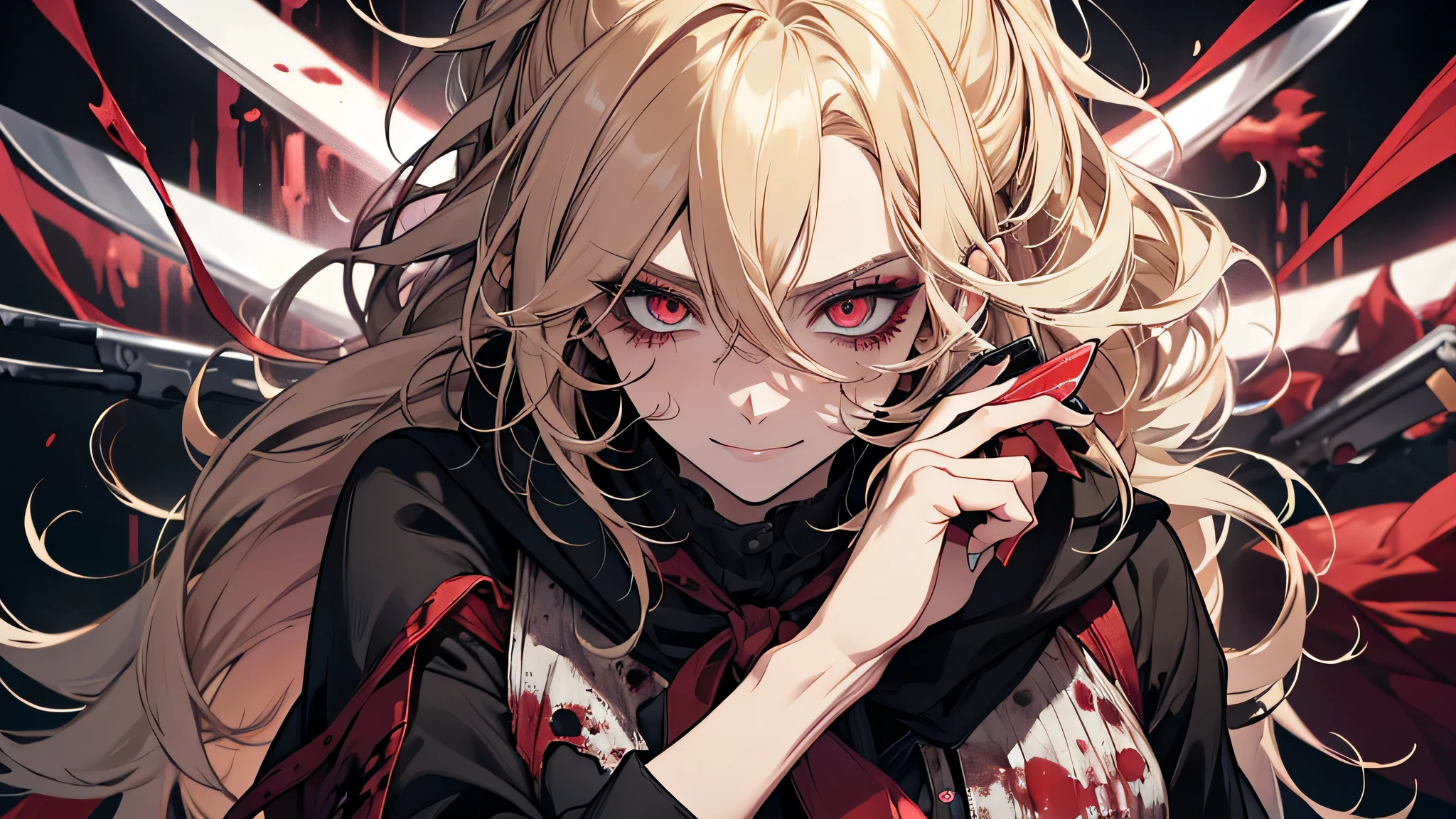 One eye was squeezed by a hand, Bleeding eyes mixed with tears, dark red eyes, The hand wears a handmade ring in the shape of a rabbit,scratched nails ,mixed black-and-red background