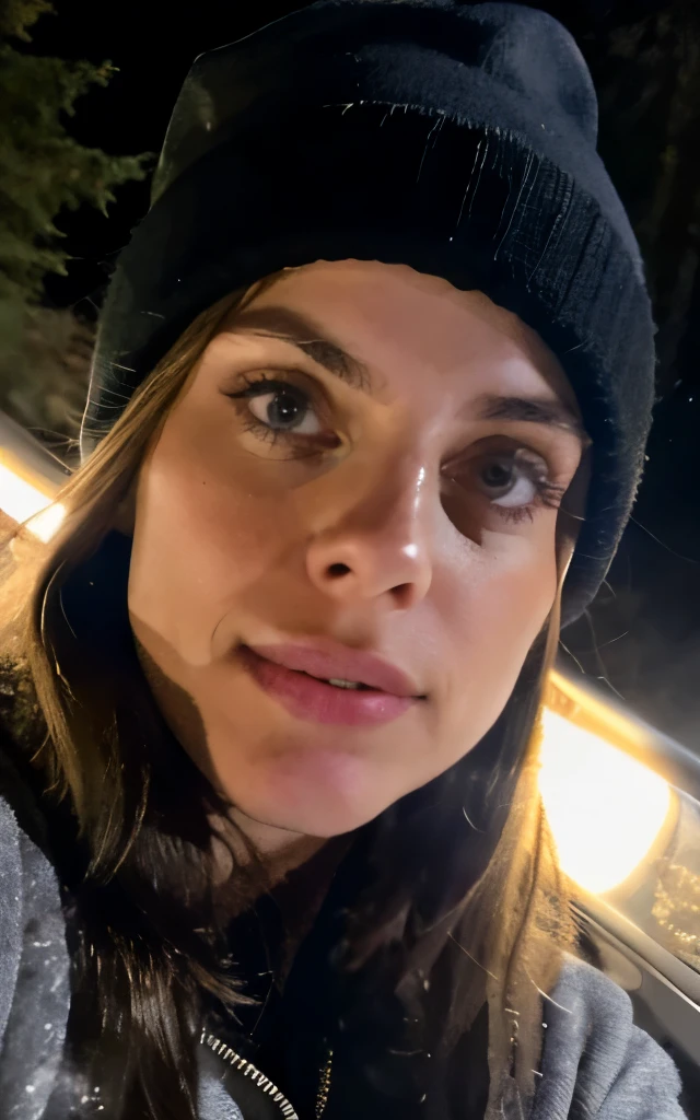 photorealistic, best quality, hyper detailed, beautiful Alexandra Daddario, selfie photo, full body, solo, wearing pullover, outdoors, (night), mountains, real life nature, stars, moon, (cheerful, happy), sleeping bag, gloves, sweater, beanie, flashlight, forest, rocks, river, wood, smoke, fog, clear sky, analog style, looking at viewer, skin texture, film grain, close up, ultra high res, best shadow, RAW, instagram LUT