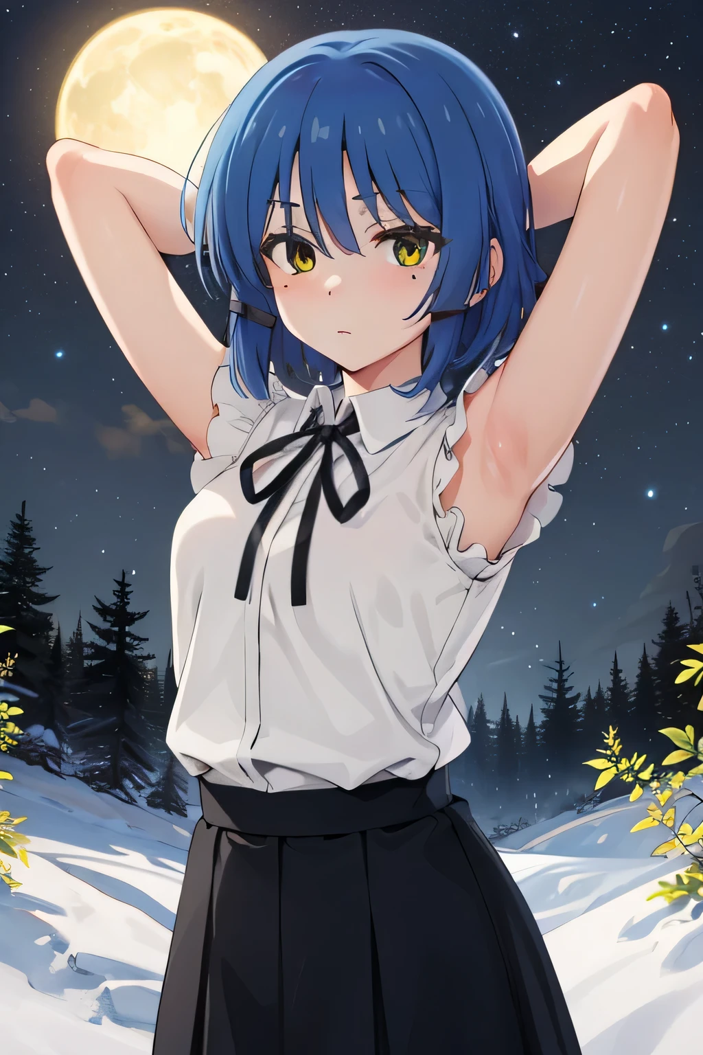 tall body, tall, long legs, mature female, mature, adult, Eft_Bocchi_Ryu, 1girl, solo, mole, blue hair, mole under eye, short hair, shirt, white shirt, looking at viewer, black ribbon, bangs, yellow eyes, collared shirt, ribbon, closed mouth, neck ribbon, portrait, expressionless, parody, eyes visible through hair, hair ornament, school uniform, hairclip, solo, cowboy shot, night sky, forest, {arms behind head}, contrapposto, spread armpits, sleeveless, anime coloring