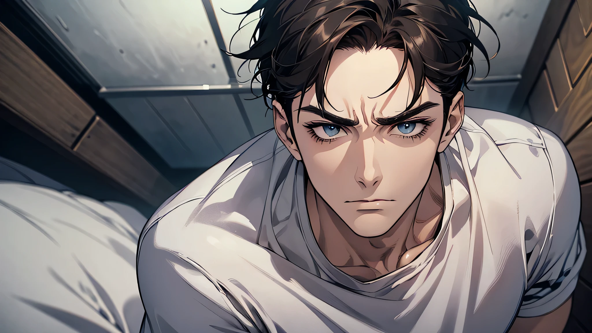 there is a 21 years old handsome guy,White T-shirt,black long pants,A gentle face,A dark-haired、sad face, frown, Eyes drawn in detail、a handsome、Cinematic power、detailed eyes, detailed face, detailed nose, in a prison, in a prison cell, angry expressions, face full of expressions