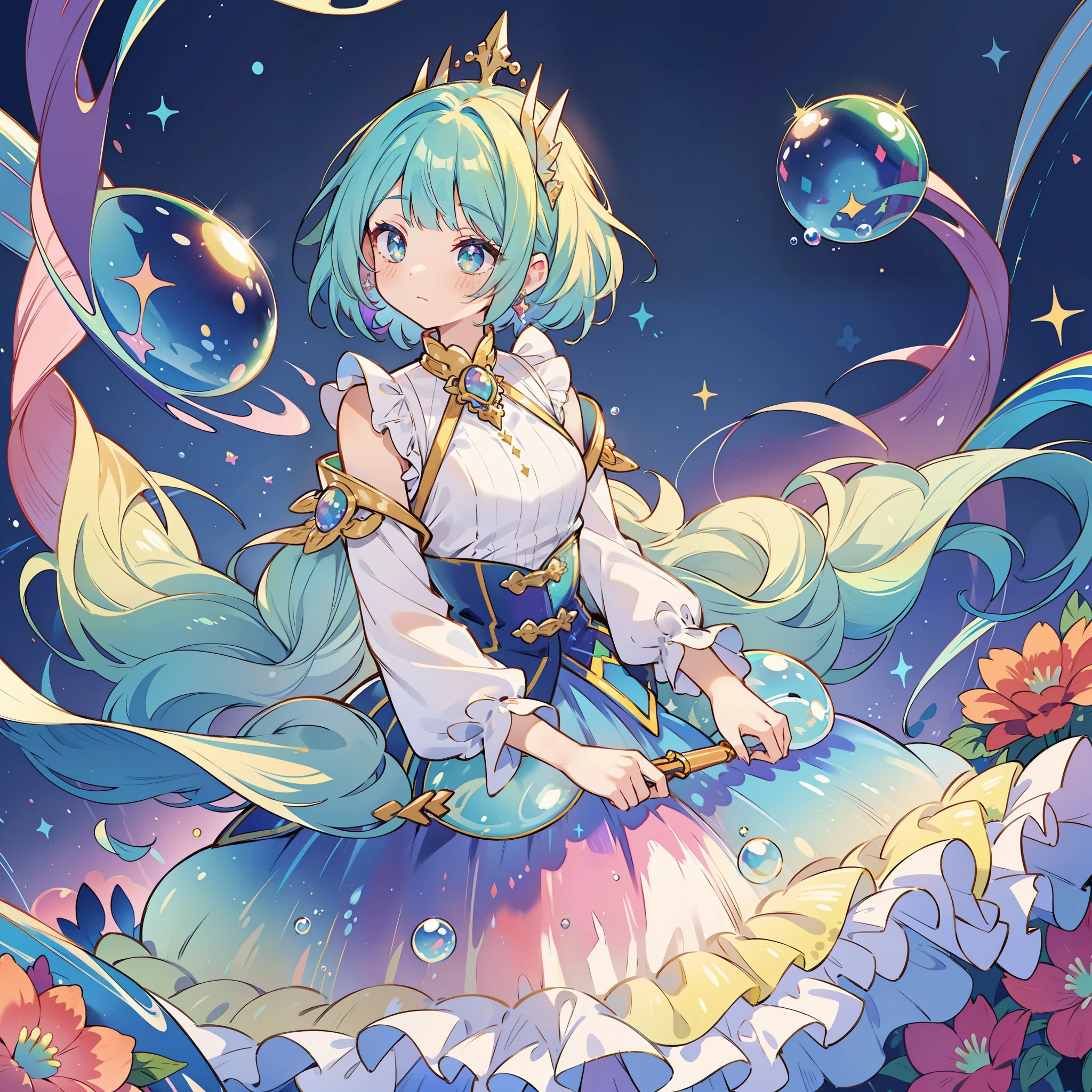 masterpiece, best quality, intricate details, beautiful girl, sparkling eyes, otherworldly liquid fantasia background, watercolor, bright vibrant colors, whimsical, colorful, layered tiered puffy long sleeve ballgown, ((iridescent rainbow bubbles))