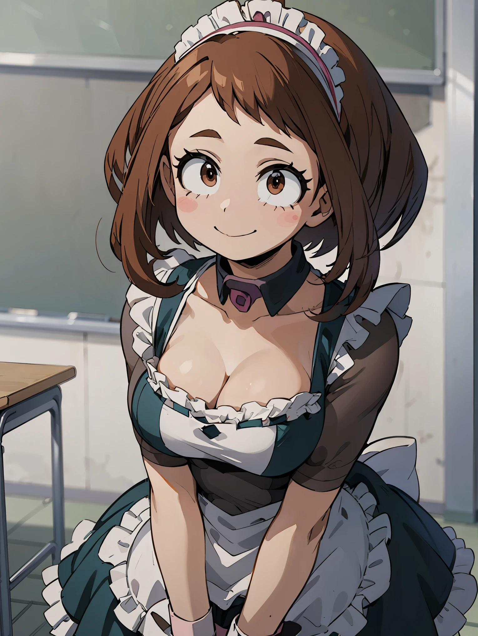 Ochaco Uraraka, medium breasts, ((maid dress)), (((cleavage))), leaning forward, suggestive smile, ((close up)), classroom, brown hair