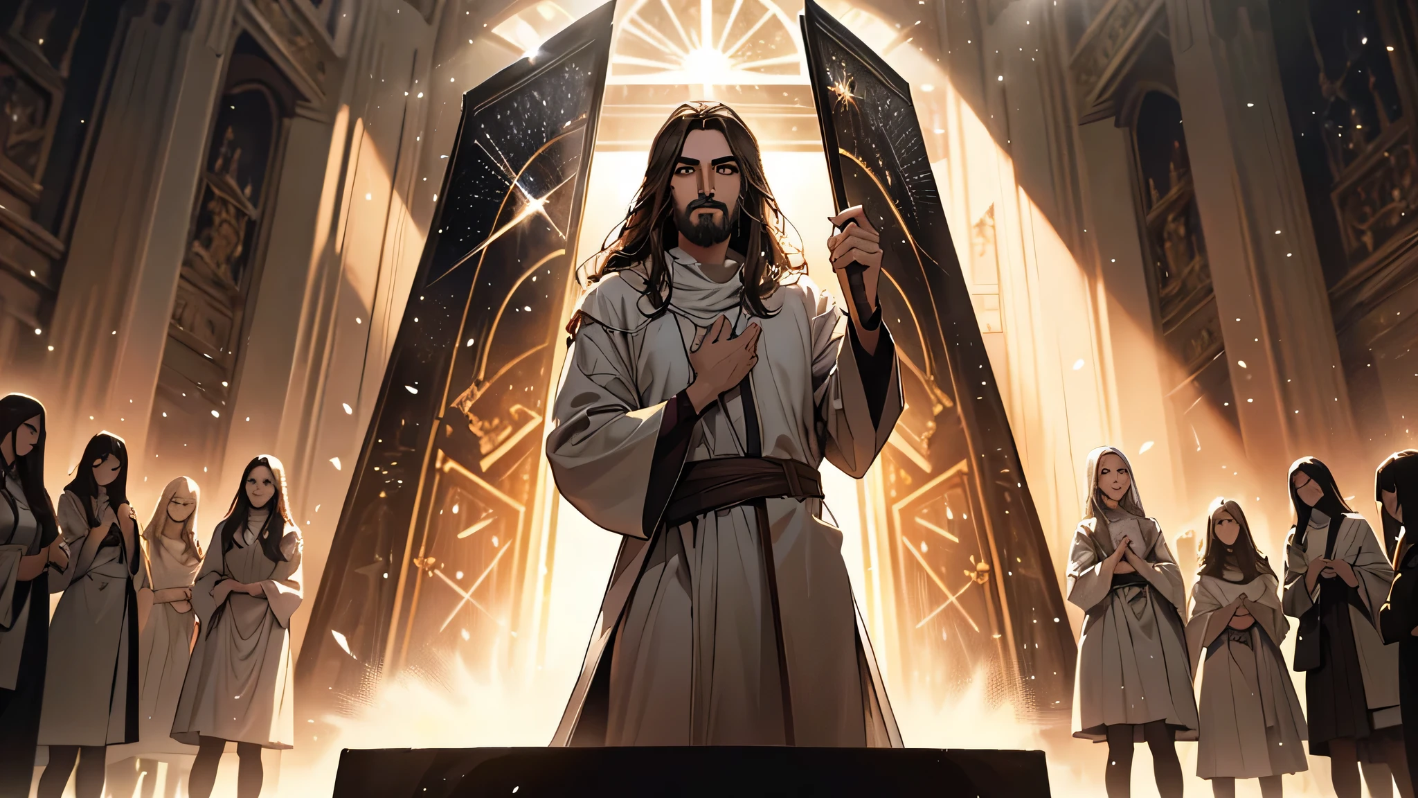 arafed image of jesus standing in front of a crowd of people, jesus christ, second coming, she is arriving heaven, heaven!!!!!!!!, jesus christ in mass effect, the lord and savior, holy sacred light rays, ascension, jesus, holy imagery, religious imagery, beautiful image ever created, young almighty god, many people worshipping, god looking at me