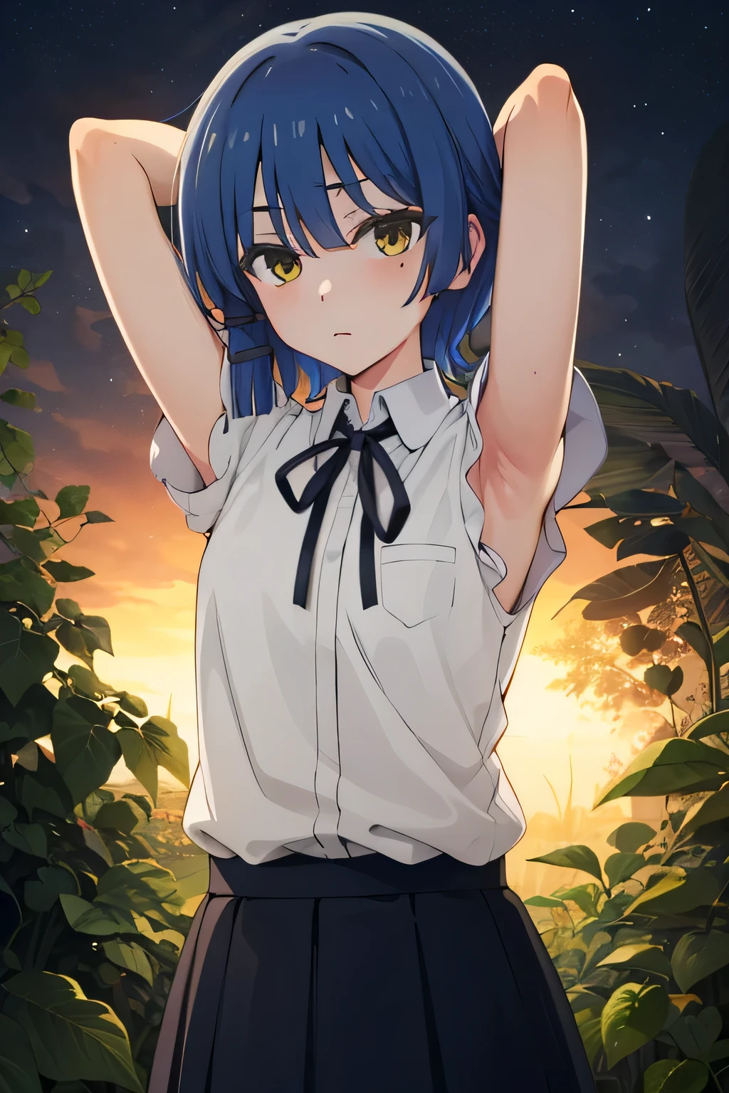 tall body, tall, long legs, mature female, mature, adult, Eft_Bocchi_Ryu, 1girl, solo, mole, blue hair, mole under eye, short hair, shirt, white shirt, looking at viewer, black ribbon, bangs, yellow eyes, collared shirt, ribbon, closed mouth, neck ribbon, portrait, expressionless, parody, eyes visible through hair, hair ornament, school uniform, hairclip, solo, cowboy shot, night sky, forest, {arms behind head}, contrapposto, spread armpits, sleeveless, anime coloring