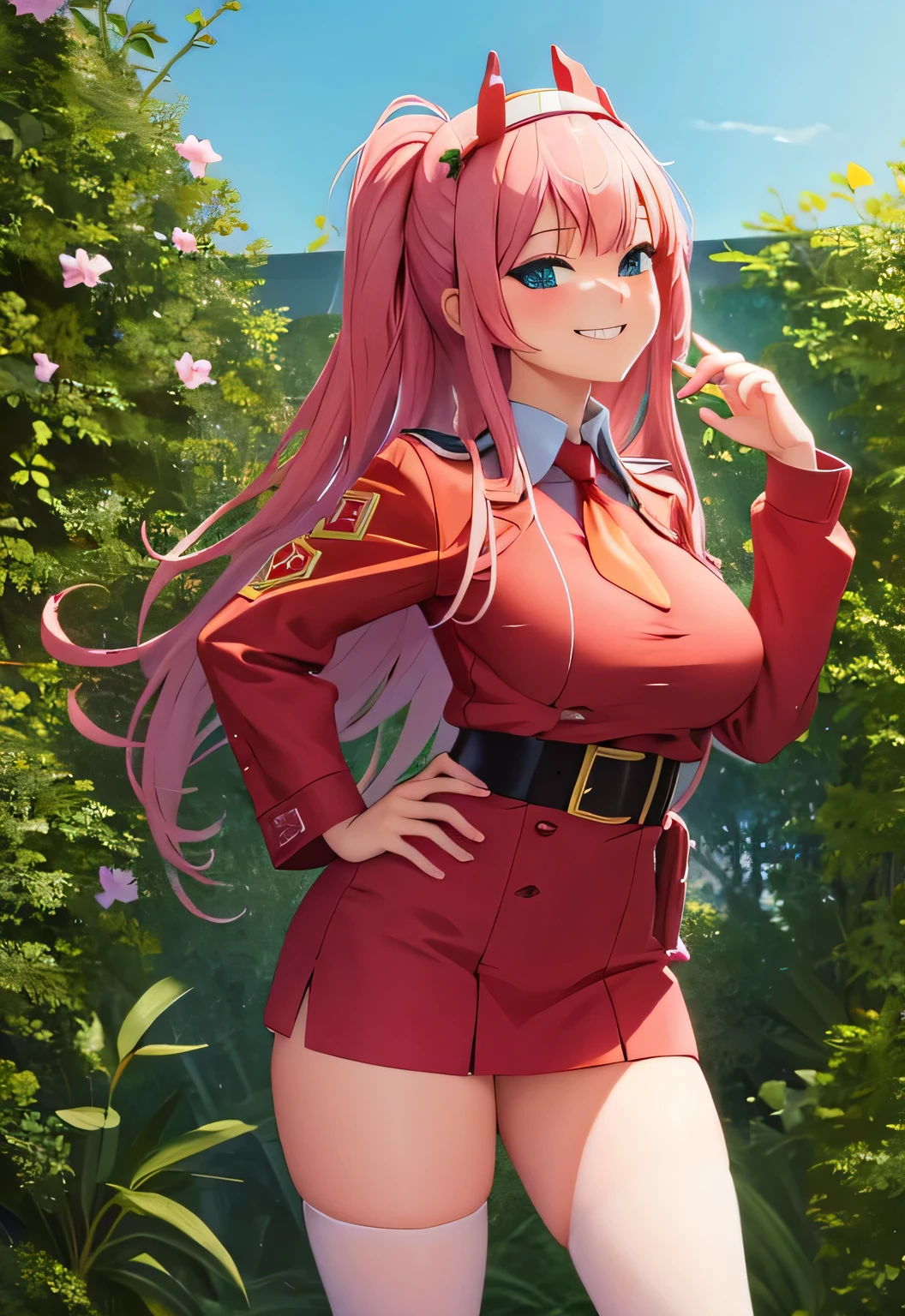 sucks dick, big tits., high detail, Zero _two_ Cute, grin,, (masterpiece, Best quality, detailed:1.3)