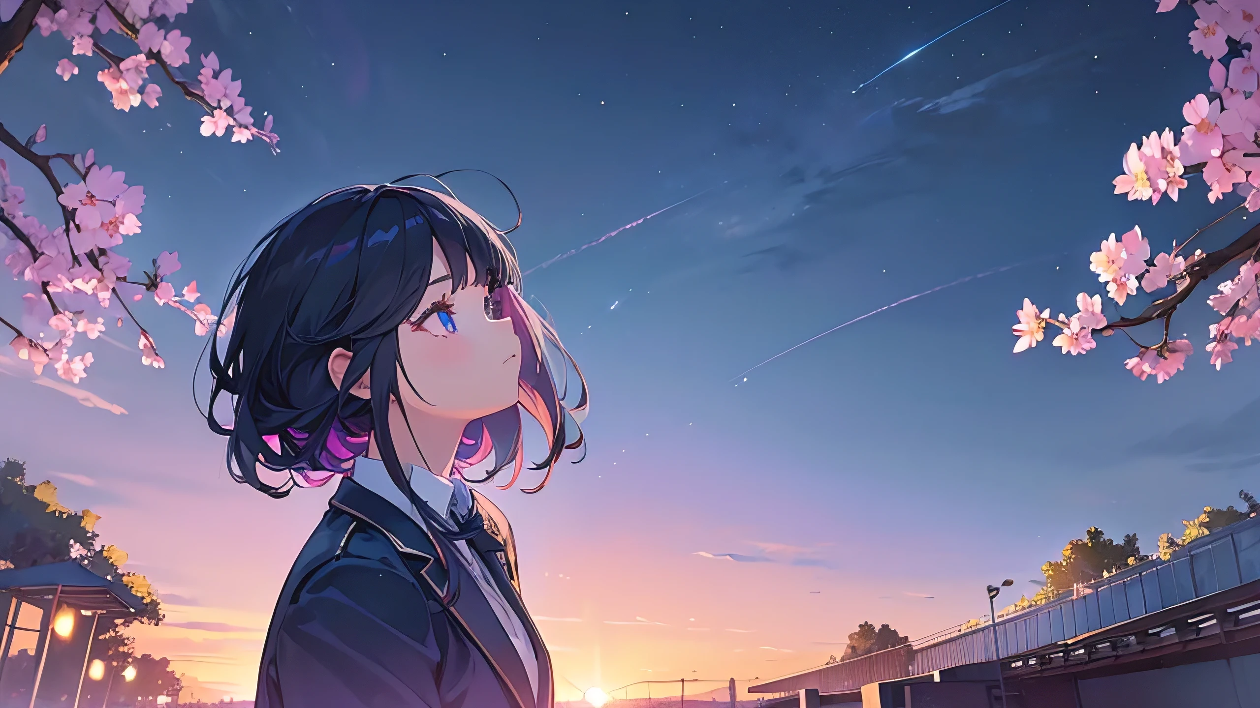 ((1 girl)), full shot, shoot from behind, (look away:1.4), (look up:1.2), full bloom, (Late teens girl, blazer uniform, look up, night, (Beautify your eyes:1.4)), straight hair