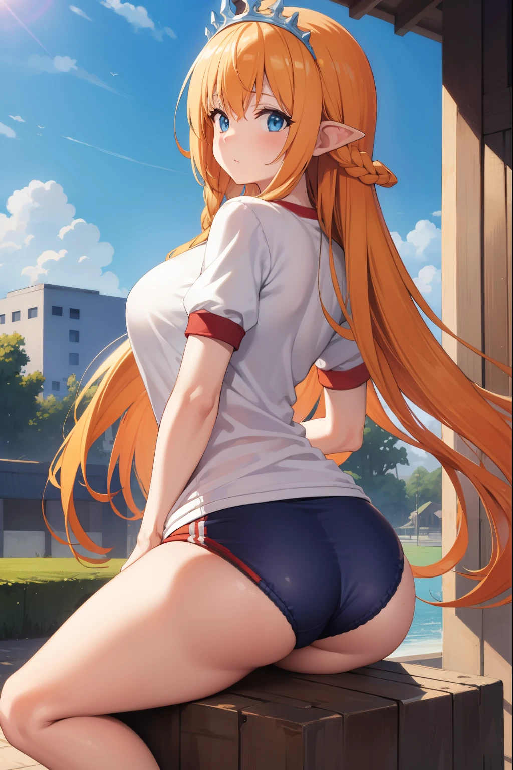 Pecorine, Pecorine, eyes are blue, hair ornament, long hair, orange hair, tiara, Mitsuami, hair Mitsuami, BREAK is looking at viewer, whole body, BREAK is outdoors, BREAK is (muste piece:1.2), best quality, high resolution, unity 8k wallpaper, (illustration:0.8), (beautiful detailed eyes:1.6), highly detailed face, perfect writing, Highly detailed CG, (perfect hands, perfect anatomy),(big breasts),(((((bloomer)))))‚(((((white shirts)))))‚(((((gym clothes))))),(((((dragon flying in the sky))))),(((((riding on the back of a dragon)))))anatomy),なanatomy),anatomy),best quality,masterpiece, (,toddlercon:1.2),1gril,BREAK (looking at another:1.3), very long hair,,dreadlocks,yellow hair, gym uniform, buruma, (leaning forward:1.2) , from below,big ass,(fat:0.3) ass adjusting clothes, from behind, ass, panties, BREAK outdoors,ground, school,