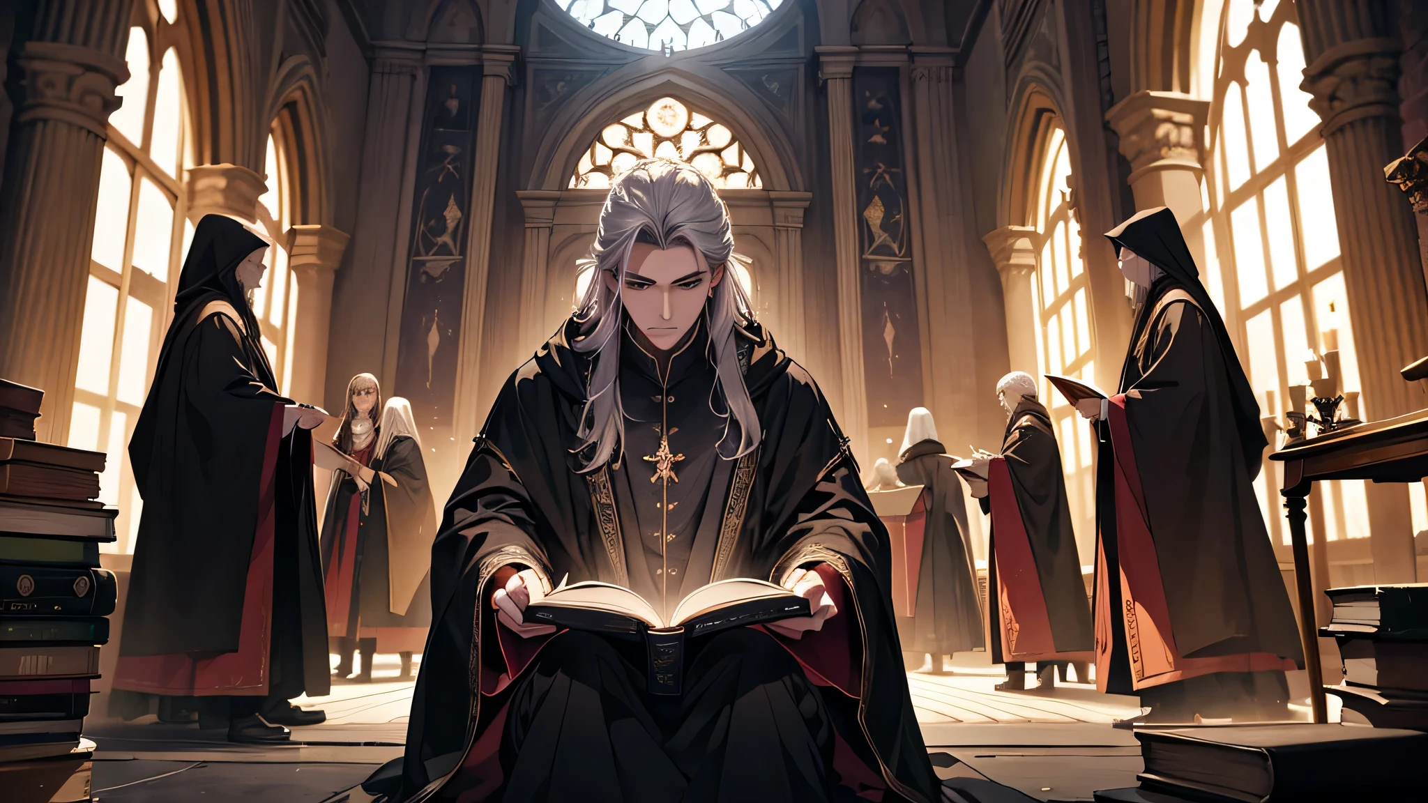 An elderly wizard in black robes raised his hands, A circle of magical books was scattered across the floor, Magic books and candles are placed around, Seven mirrors at different angles directly above, imagem sombria, Visions, profundidade de campo, deus luz, filmgrain, optical illusion, vinhetas, Renascimento, Pre-Raphaelite Brotherhood, detalhes altos，Sombra traseira
