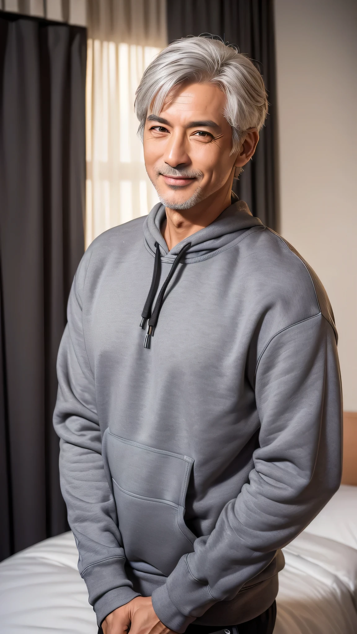 (best quality, masterpiece, High resolution:1.4), (realistic, RAW photo:1.2), (alone), (male:1.5), (Asian:1.7), modeled, (good looking:1.3), (dark blown eyes:1.2),shoot from the front,smile, (50 years old), (gray hair:1.3), (extra short hair:1.2), (trainer:1.3), midnight,(in the room, in luxury hotel)