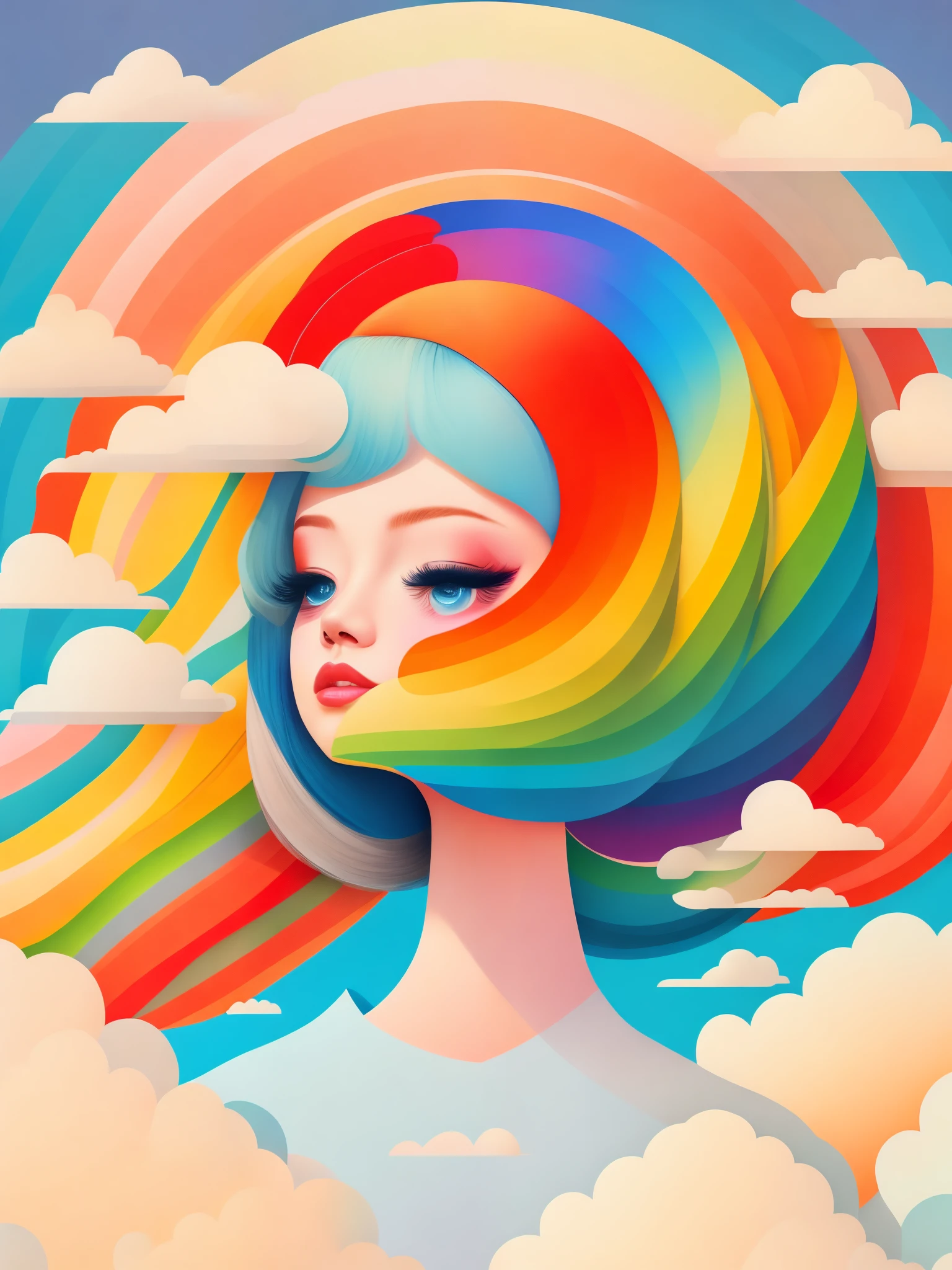 （masterpiece，best quality：1.2），art illustration，girl portrait，Often neck，Hair covered with clouds，Baiyun，rainbow，composition，stitching，trees，rainbow，Contrasting colors，Spring landscape，Abstract surreal colors，rich and colorful，pop geometric surrealism，rainbow色的梦想，icon design，Rozmin trip，vector art，